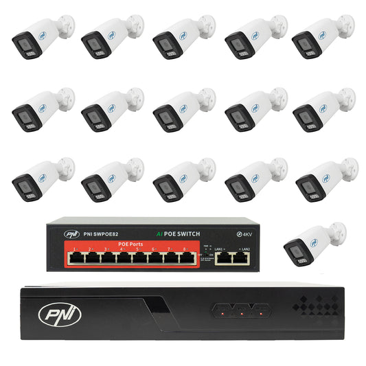 Pachet supraveghere video NVR POE PNI House IP716J, 16 camere PNI IP515J, bullet 5MP, switch POE si cabluri UTP CAT6 incluse