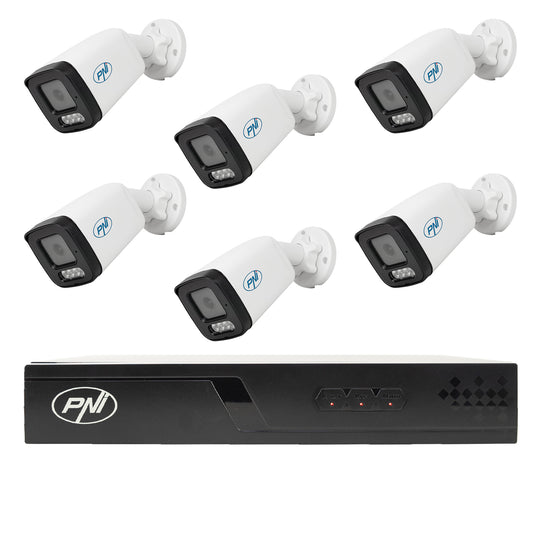 Pachet supraveghere video NVR POE PNI House IP716J, 6 camere PNI IP515J, bullet 5MP, 2.8mm si 6 cabluri UTP CAT6 20 metri incluse