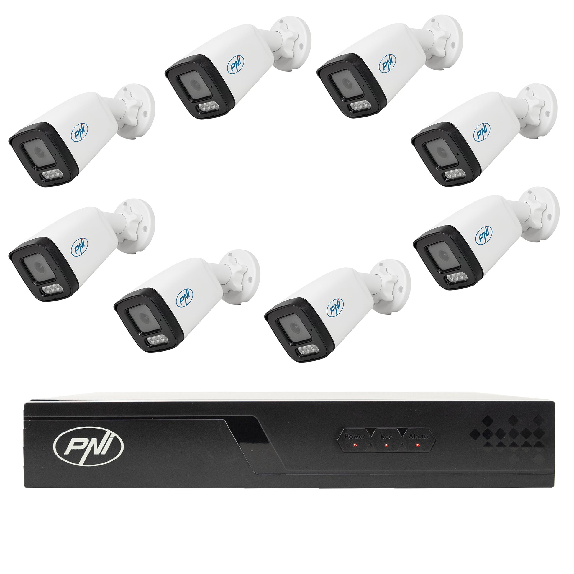 Pachet supraveghere video NVR POE PNI House IP716J, 8 camere PNI IP515J, bullet 5MP, 2.8mm si 8 cabluri UTP CAT6 20 metri incluse