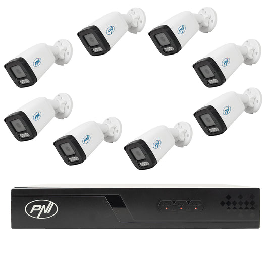 Pachet supraveghere video NVR POE PNI House IP716J, 8 camere PNI IP515J, bullet 5MP, 2.8mm si 8 cabluri UTP CAT6 20 metri incluse