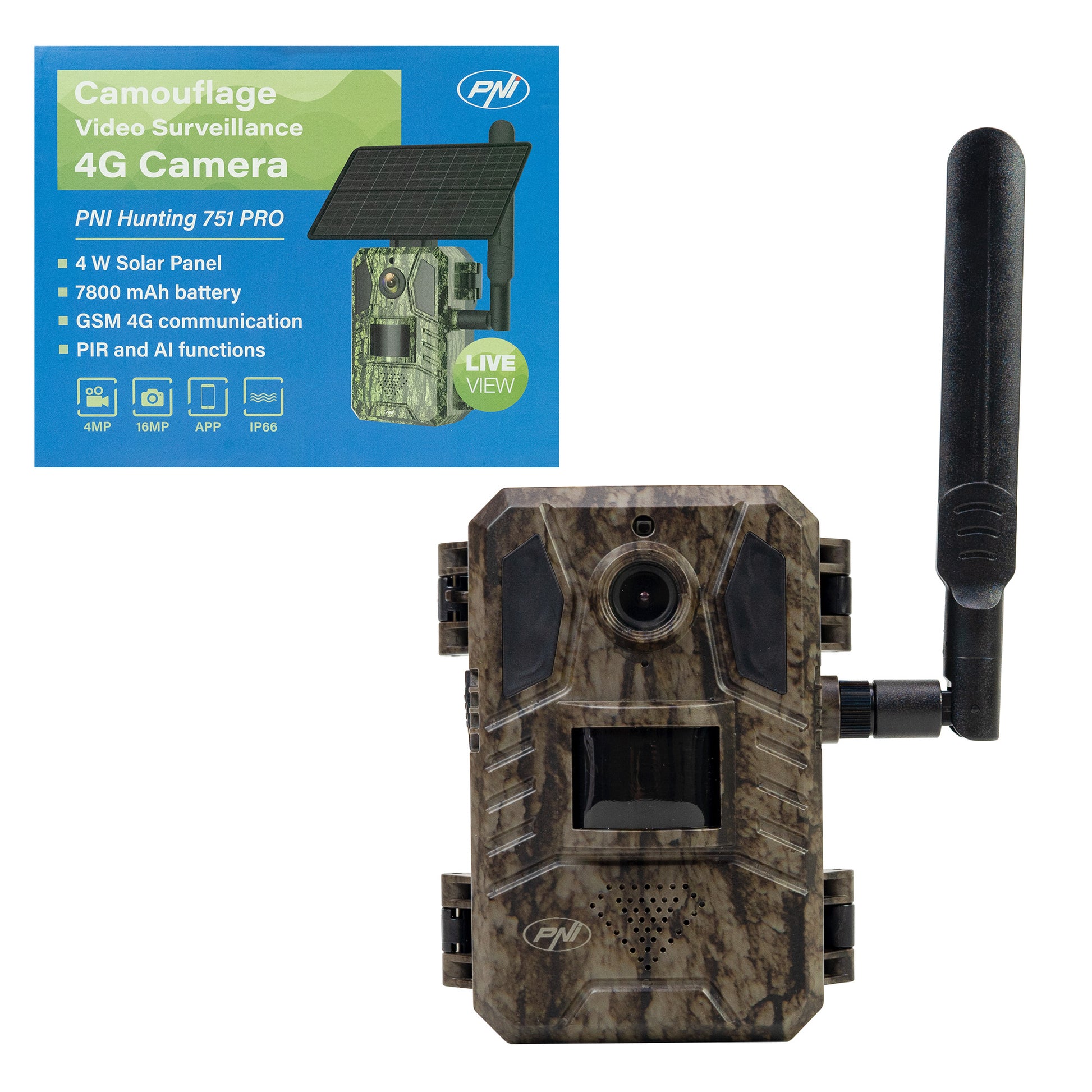 Camera de supraveghere video camuflaj PNI Hunting 751 PRO, 16MP, 4G LTE, GPS, Night Vision, Acumulator, Panou solar, LED-uri invizibile pentru animale, IP66
