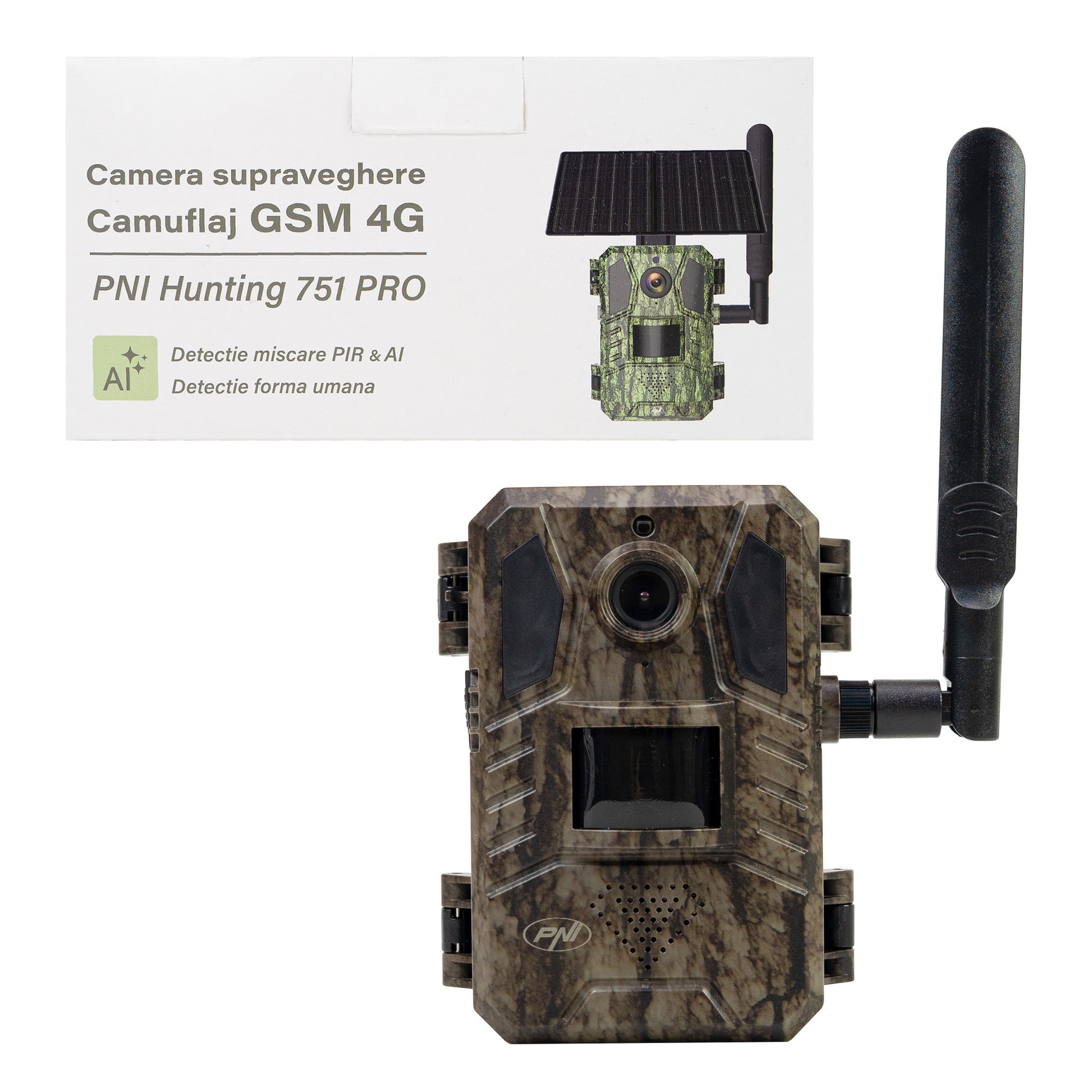 Camera de supraveghere video camuflaj PNI Hunting 751 PRO, 16MP, 4G LTE, GPS, Night Vision, Acumulator, Panou solar, LED-uri invizibile pentru animale, IP66