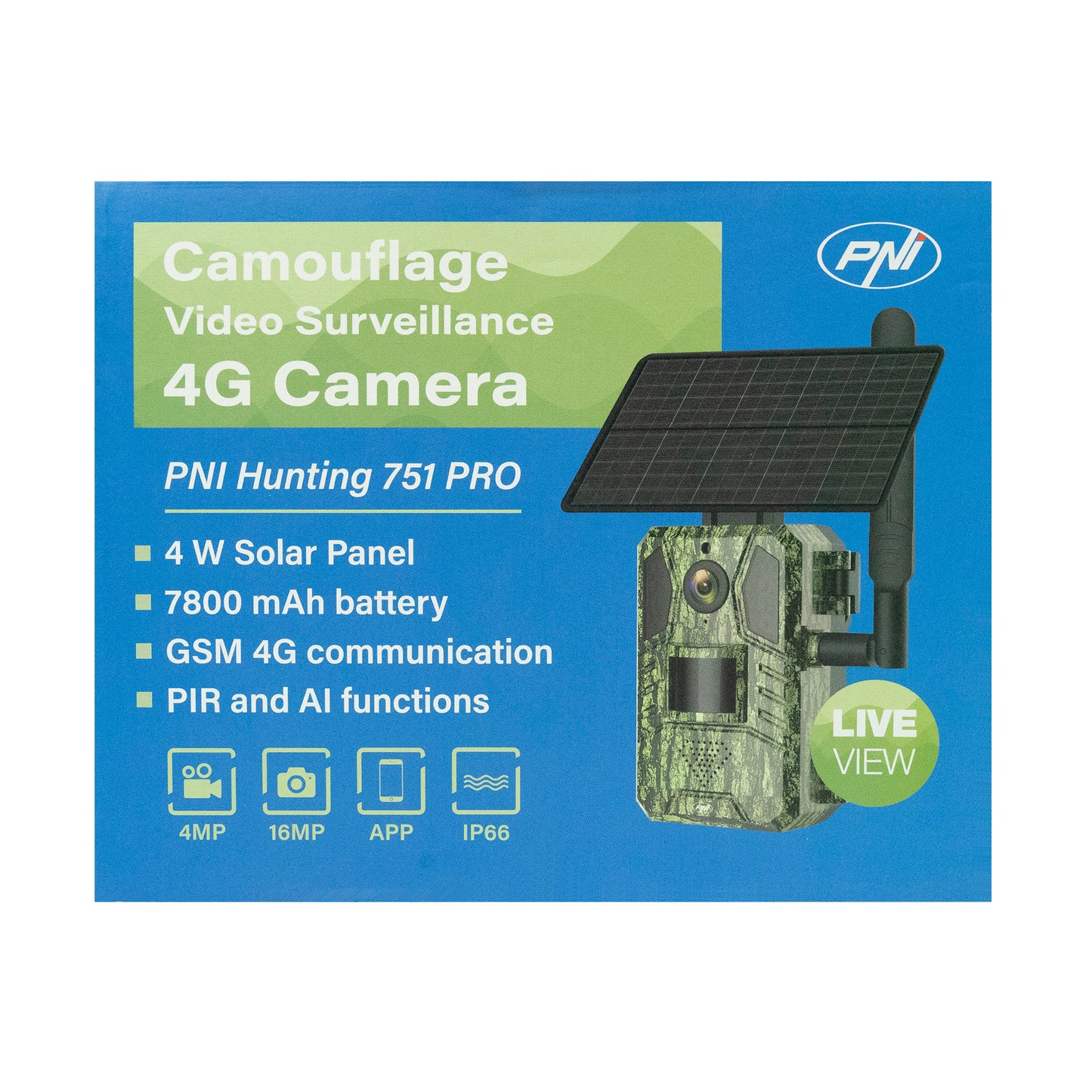 Camera de supraveghere video camuflaj PNI Hunting 751 PRO, 16MP, 4G LTE, GPS, Night Vision, Acumulator, Panou solar, LED-uri invizibile pentru animale, IP66