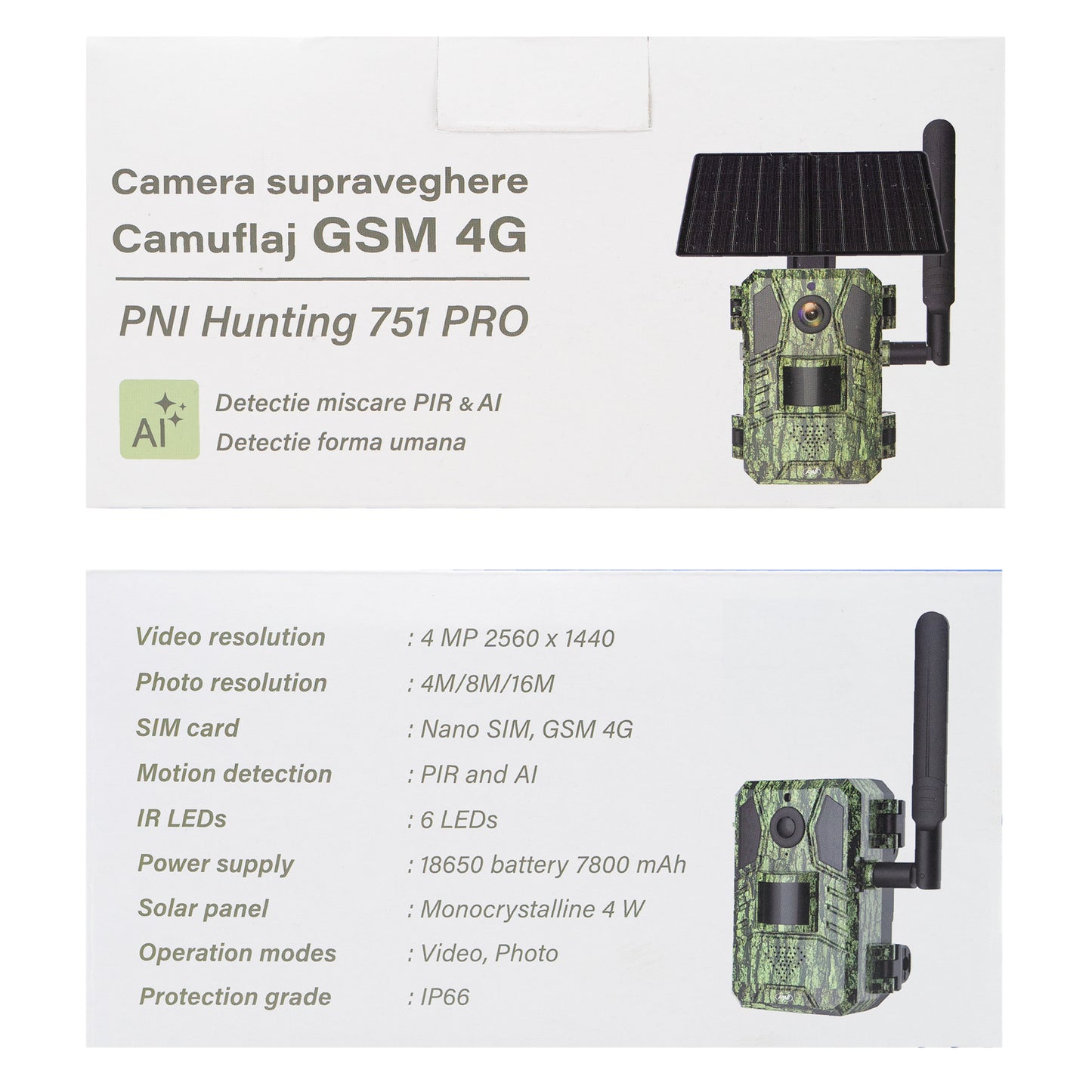 Camera de supraveghere video camuflaj PNI Hunting 751 PRO, 16MP, 4G LTE, GPS, Night Vision, Acumulator, Panou solar, LED-uri invizibile pentru animale, IP66