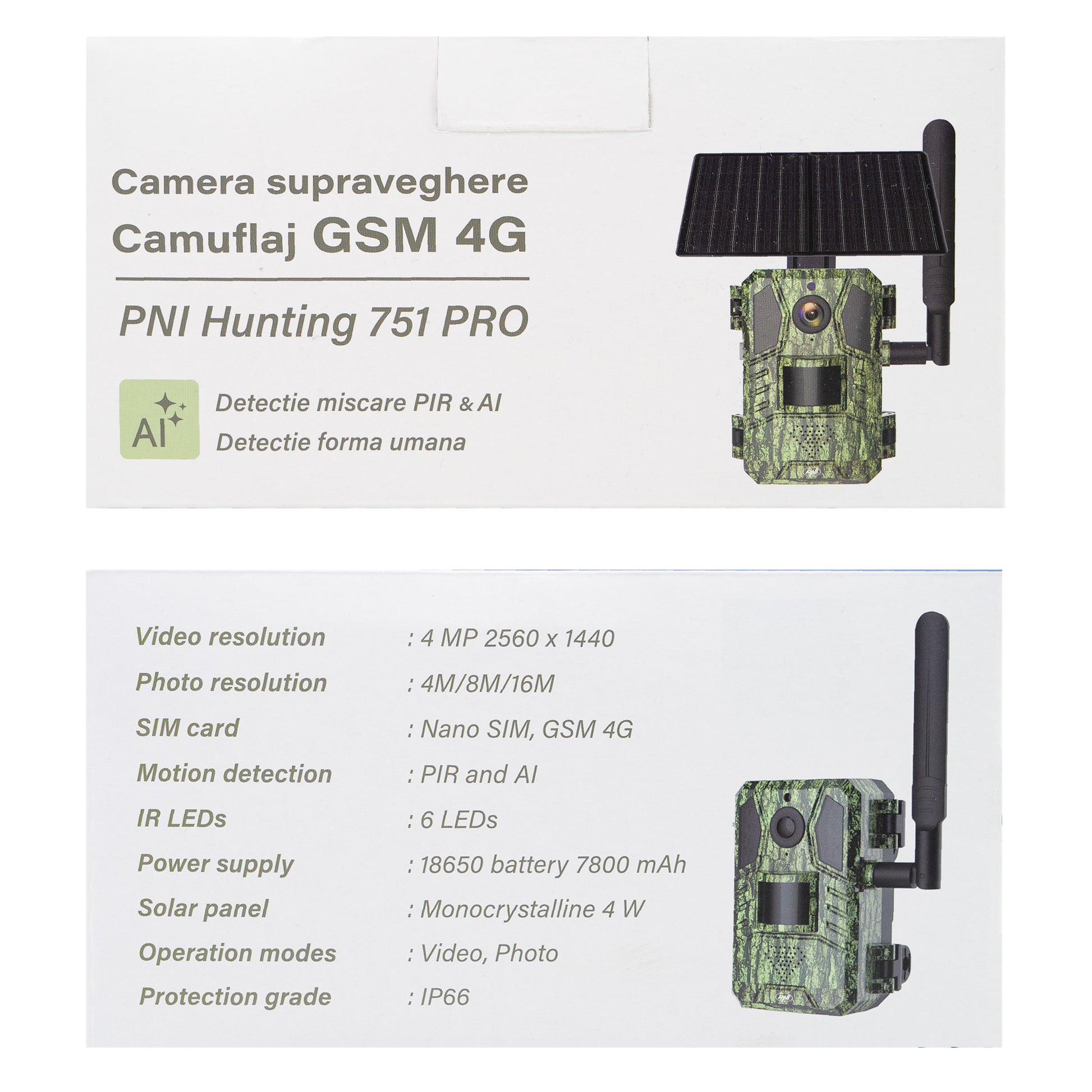 Camera de supraveghere video camuflaj PNI Hunting 751 PRO, 16MP, 4G LTE, GPS, Night Vision, Acumulator, Panou solar, LED-uri invizibile pentru animale, IP66
