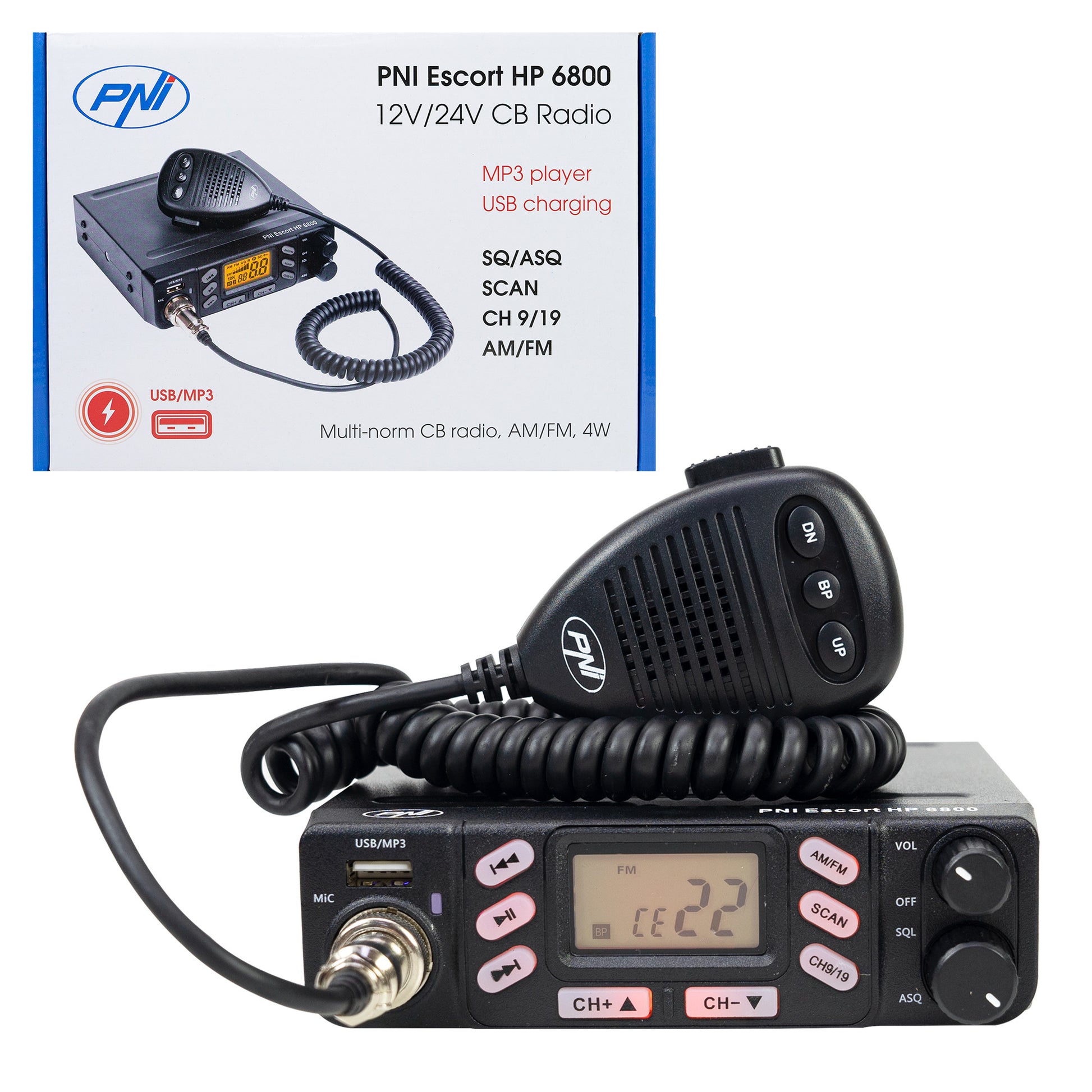 Statie radio CB PNI Escort HP 6800 ASQ, 12/24 V, MP3 player, mufa USB, 4W, AM-FM, mufa de bricheta inclusa