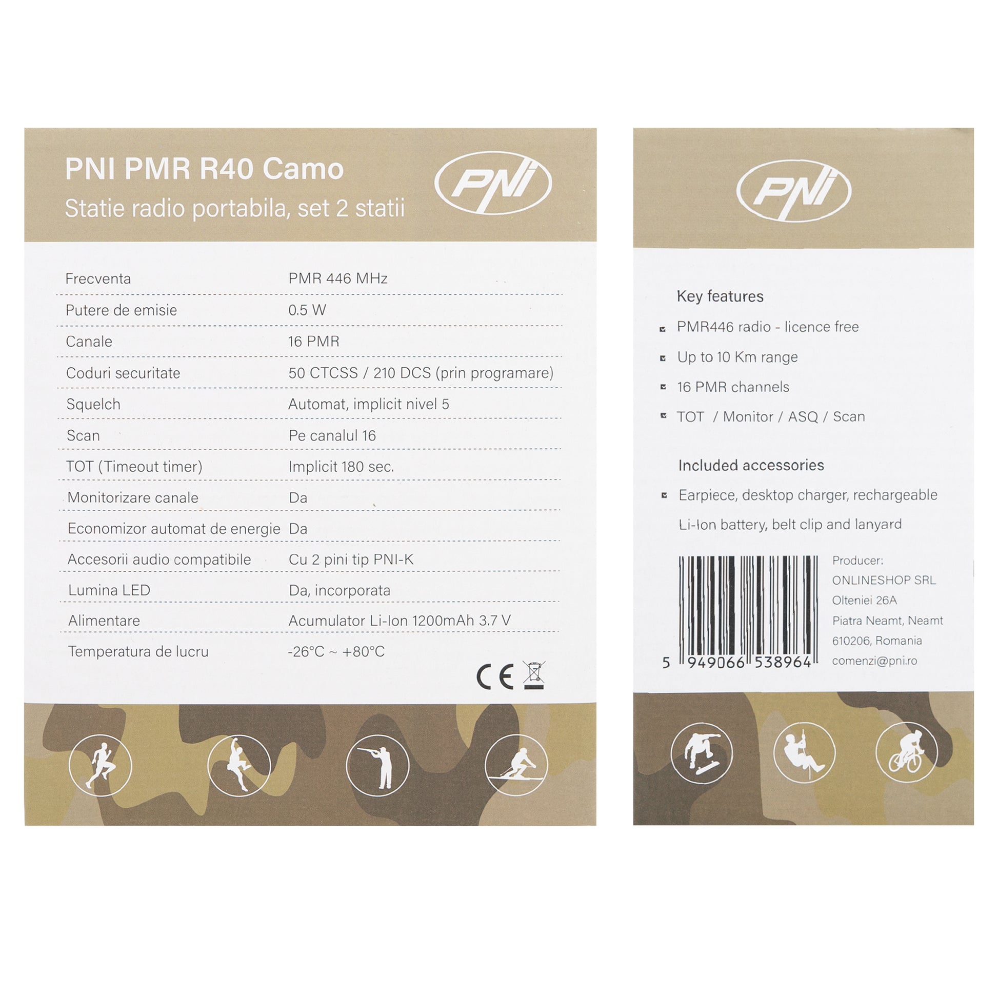 Statie radio portabila PNI PMR R40 Camo, set cu 2 buc, 0.5W, 16 canale programabile, 16 PMR si tonuri 50 CTCSS si 104 DCS, ASQ, TOT, monitor, programabila, acumulatori 1200mAh, incarcatoare si casti incluse