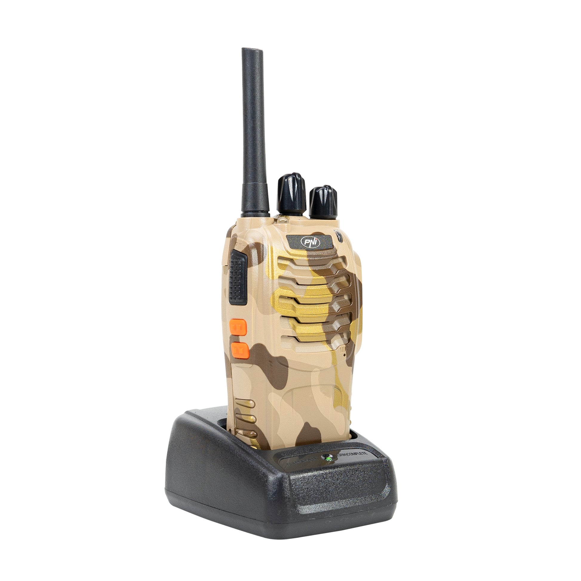 Statie radio portabila PNI PMR R40 Camo, set cu 2 buc, 0.5W, 16 canale programabile, 16 PMR si tonuri 50 CTCSS si 104 DCS, ASQ, TOT, monitor, programabila, acumulatori 1200mAh, incarcatoare si casti incluse