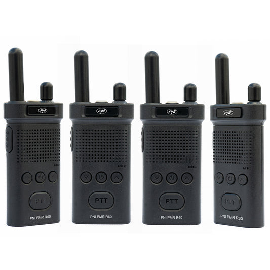 Kit 4 statii radio portabile PNI PMR R60 446MHz, 0.5W, 16 canale programabile, 16 PMR si tonuri 50 CTCSS si 104 DCS, Scan, blocare taste, SOS, Monitor, acumulator 1200mAh