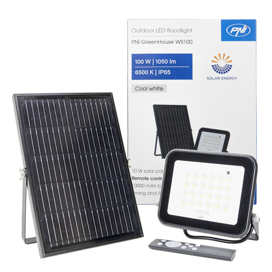 Reflector LED PNI GreenHouse WS100 100W cu panou solar, acumulator 10000mAh, telecomanda, timing si luminozitate reglabila, 6500 K, IP65
