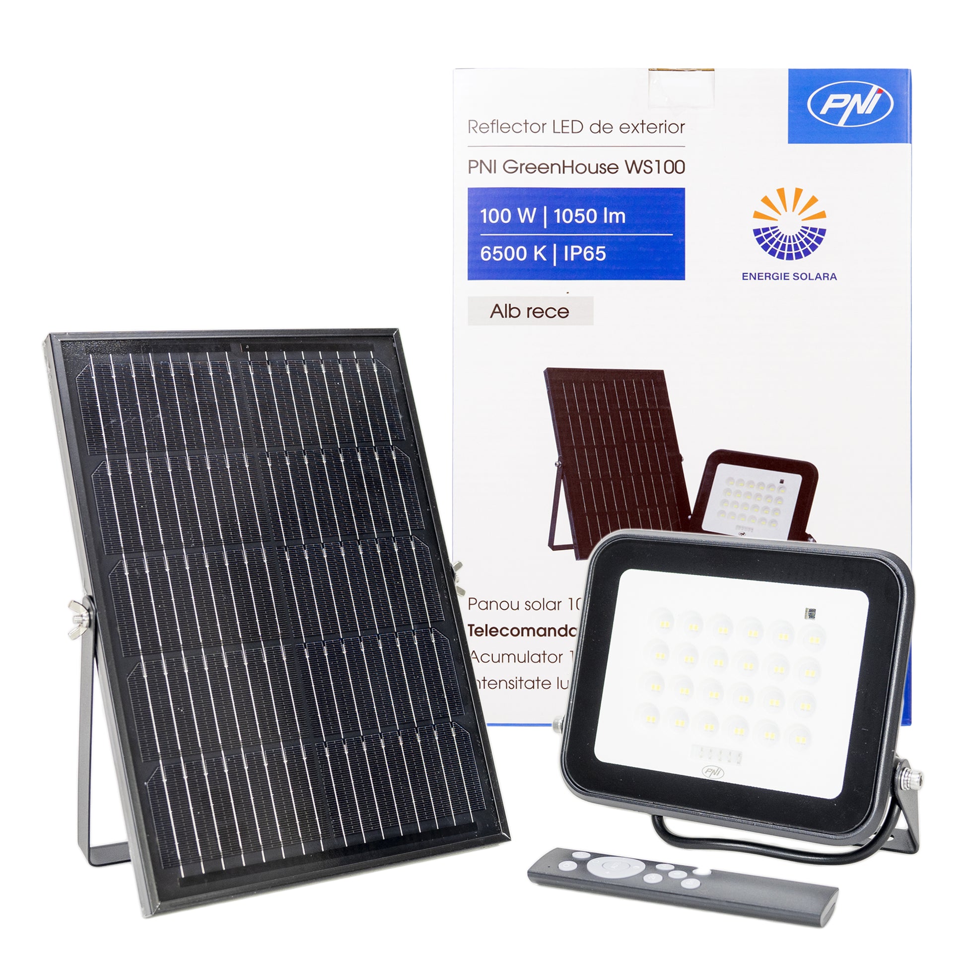 Reflector LED PNI GreenHouse WS100 100W cu panou solar, acumulator 10000mAh, telecomanda, timing si luminozitate reglabila, 6500 K, IP65