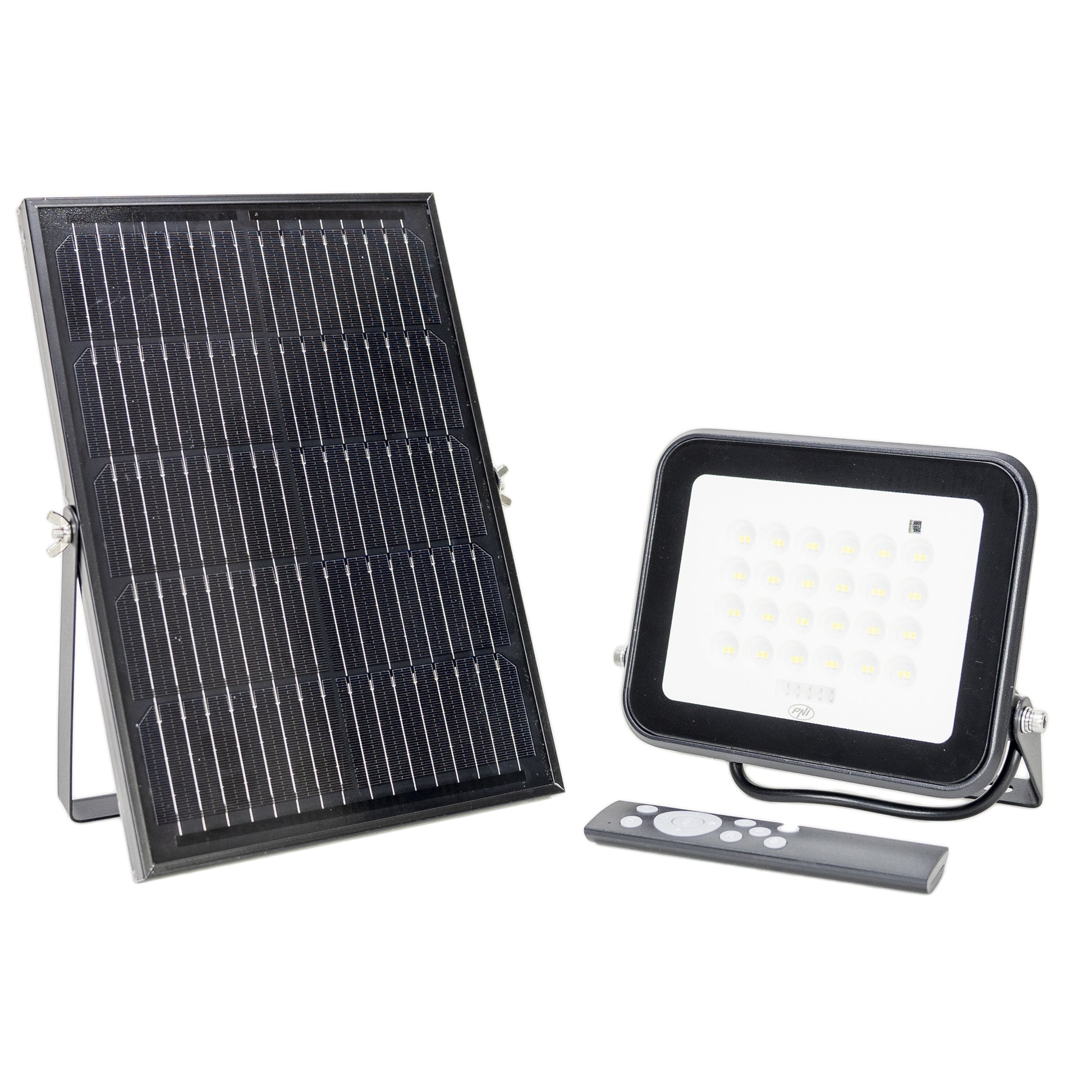 Reflector LED PNI GreenHouse WS100 100W cu panou solar, acumulator 10000mAh, telecomanda, timing si luminozitate reglabila, 6500 K, IP65