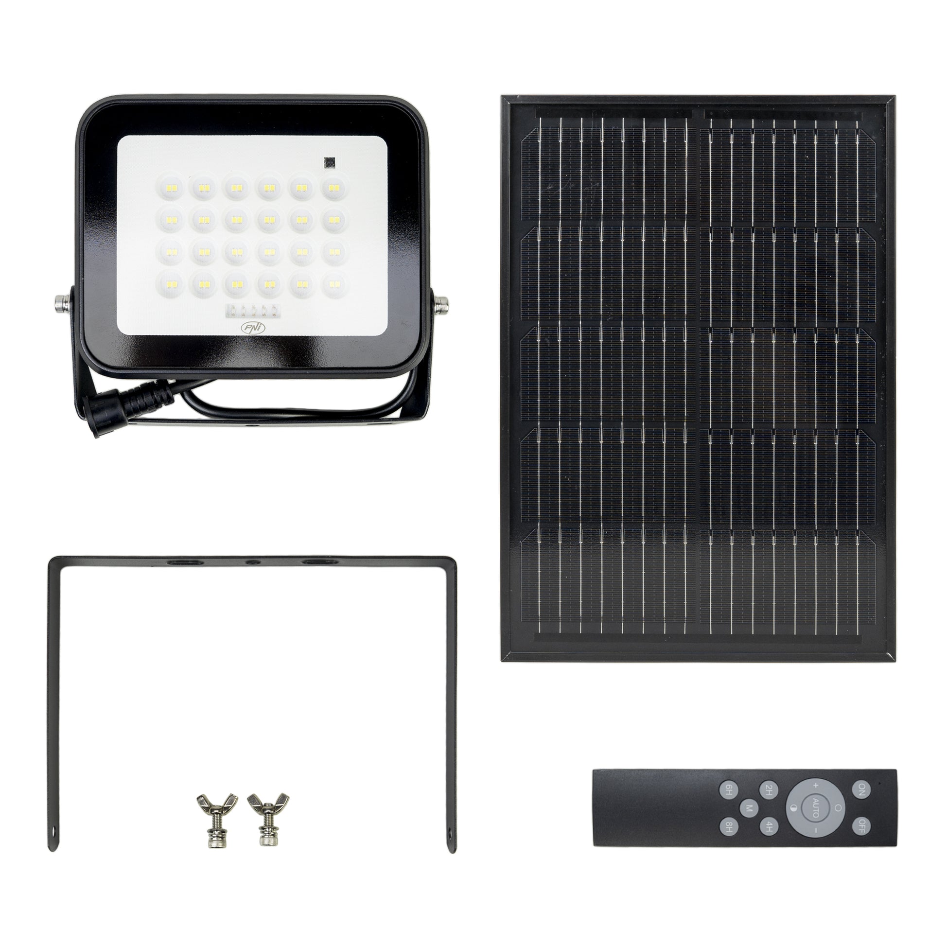 Reflector LED PNI GreenHouse WS100 100W cu panou solar, acumulator 10000mAh, telecomanda, timing si luminozitate reglabila, 6500 K, IP65