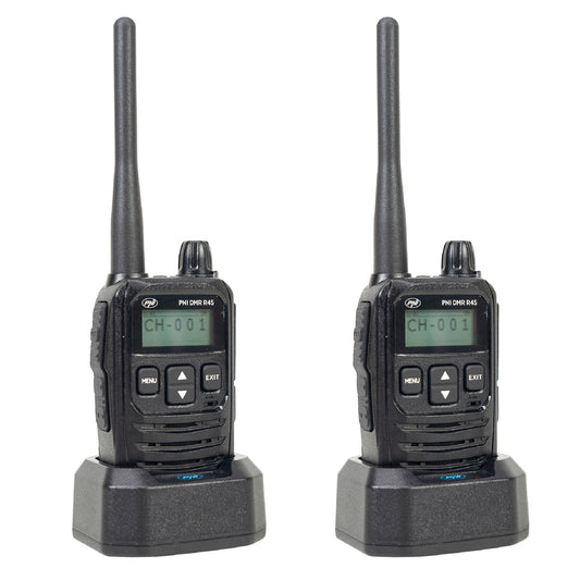 Kit 2 statii radio portabile PNI DMR R45, digital si analogic, 446MHz, 16 canale digitale si 99 canale analogice, functie inregistrare voce, baterie Li-Ion 2000mAh