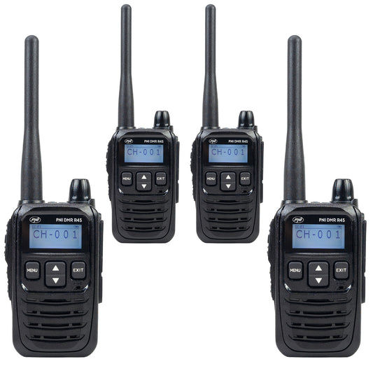 Kit 4 statii radio portabile PNI DMR R45, digital si analogic, 446MHz, 16 canale digitale si 99 canale analogice, functie inregistrare voce, baterie Li-Ion 2000mAh