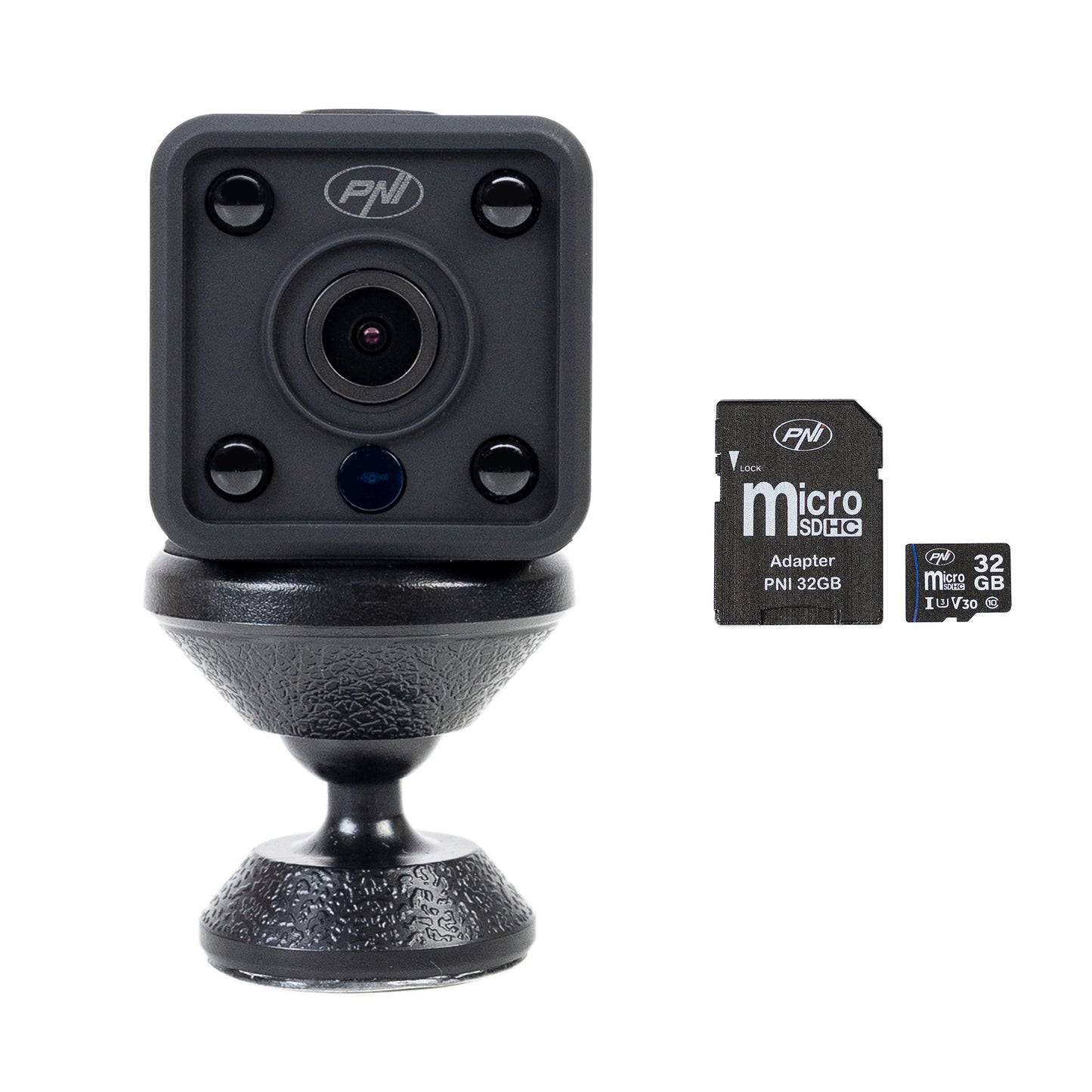 Pachet Mini camera de supraveghere spion PNI SafeHome PT945M 1080P WiFi, control prin Tuya Smart + Card de memorie MicroSD PNI 32GB cu adaptor SD