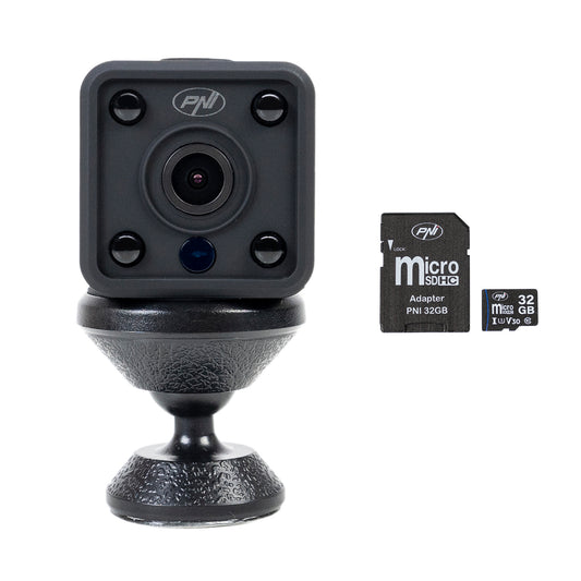 Pachet Mini camera de supraveghere spion PNI SafeHome PT945M 1080P WiFi, control prin Tuya Smart + Card de memorie MicroSD PNI 32GB cu adaptor SD