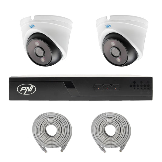 Pachet supraveghere video NVR POE PNI House IP710J, 2 camere PNI IP808J 8MP si 2 cabluri UTP CAT6 20 metri incluse