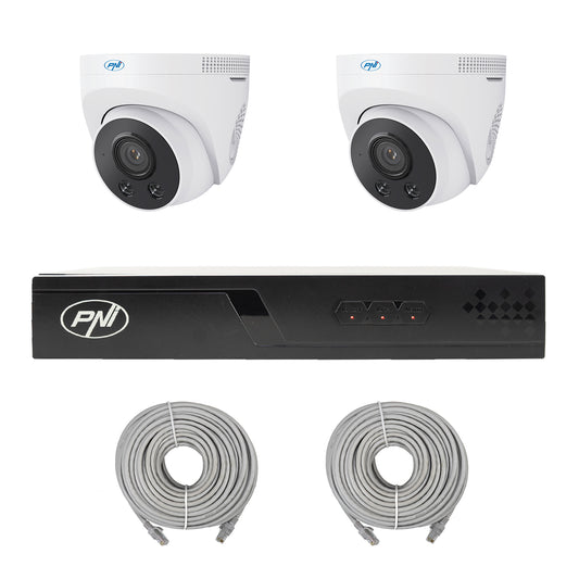 Pachet supraveghere video NVR POE PNI House IP710J, 2 camere PNI IP505J 5MP si 2 cabluri UTP CAT6 20 metri incluse
