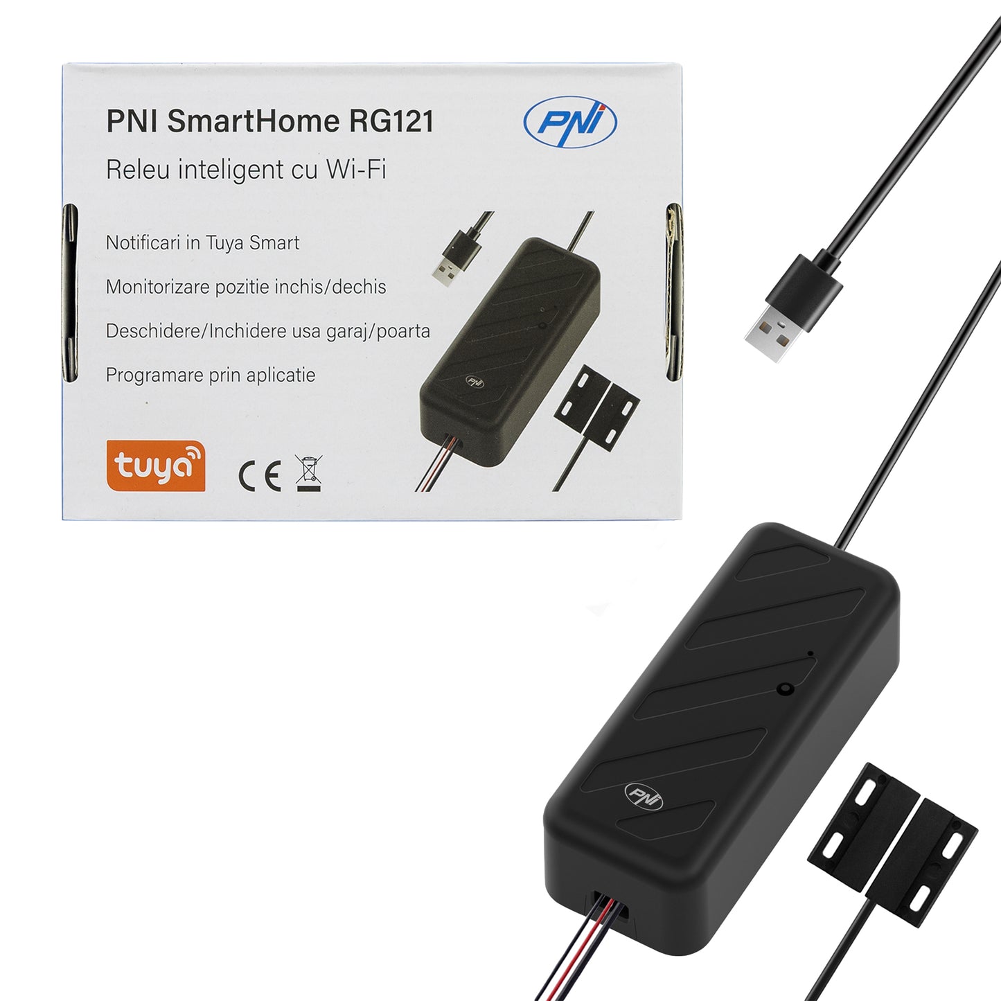 Releu inteligent PNI SmartHome RG121 cu Wi-Fi pentru comanda deschidere usa garaj/poarta, compatibil cu aplicatia Tuya, alimentare 5 V