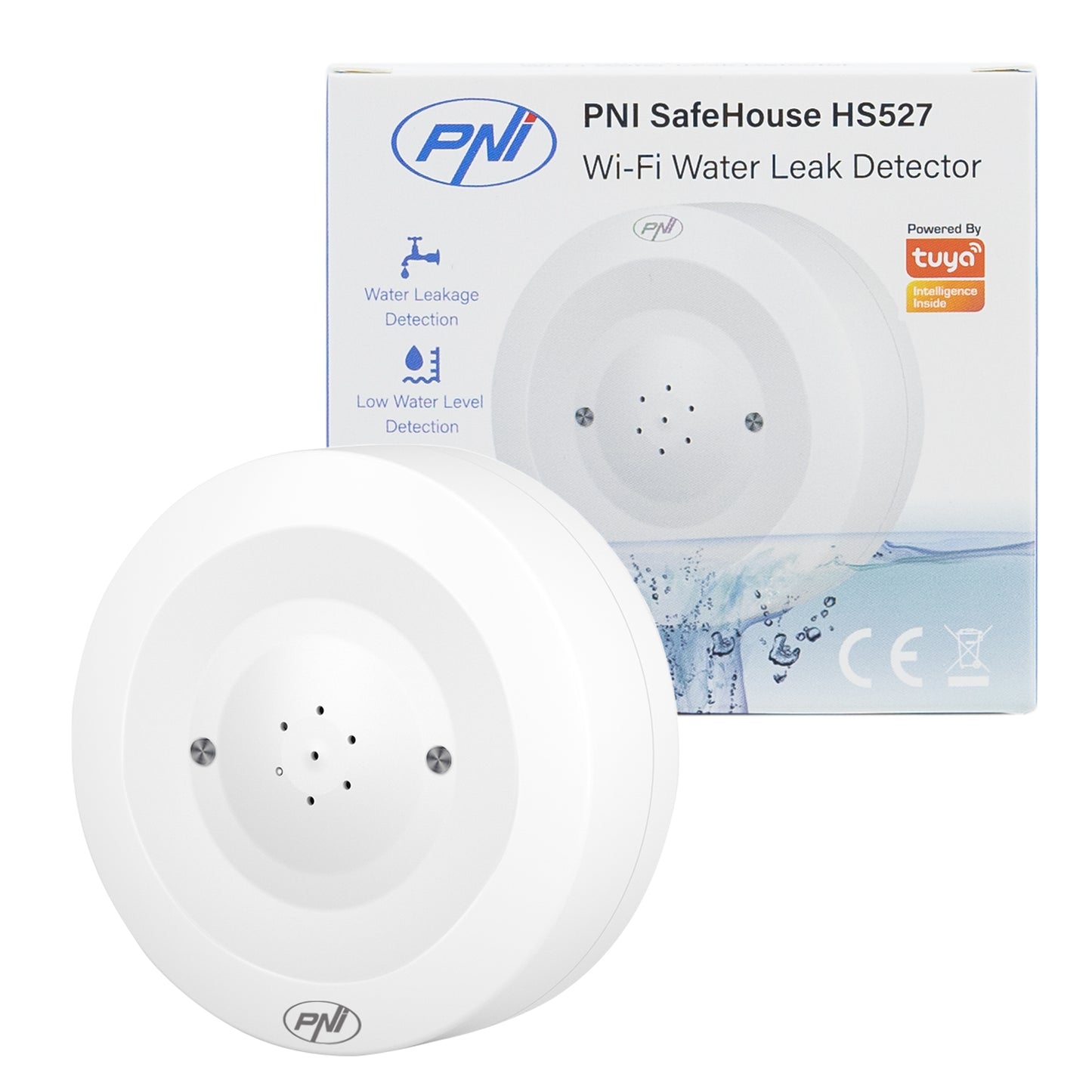 Detector senzor inundatie PNI SafeHouse HS527 cu Wi-Fi, cu alarmare sonora 80dB, difuzor incorporat, pentru inundatie si picurare, compatibil cu aplicatia Tuya, alimentare 3V