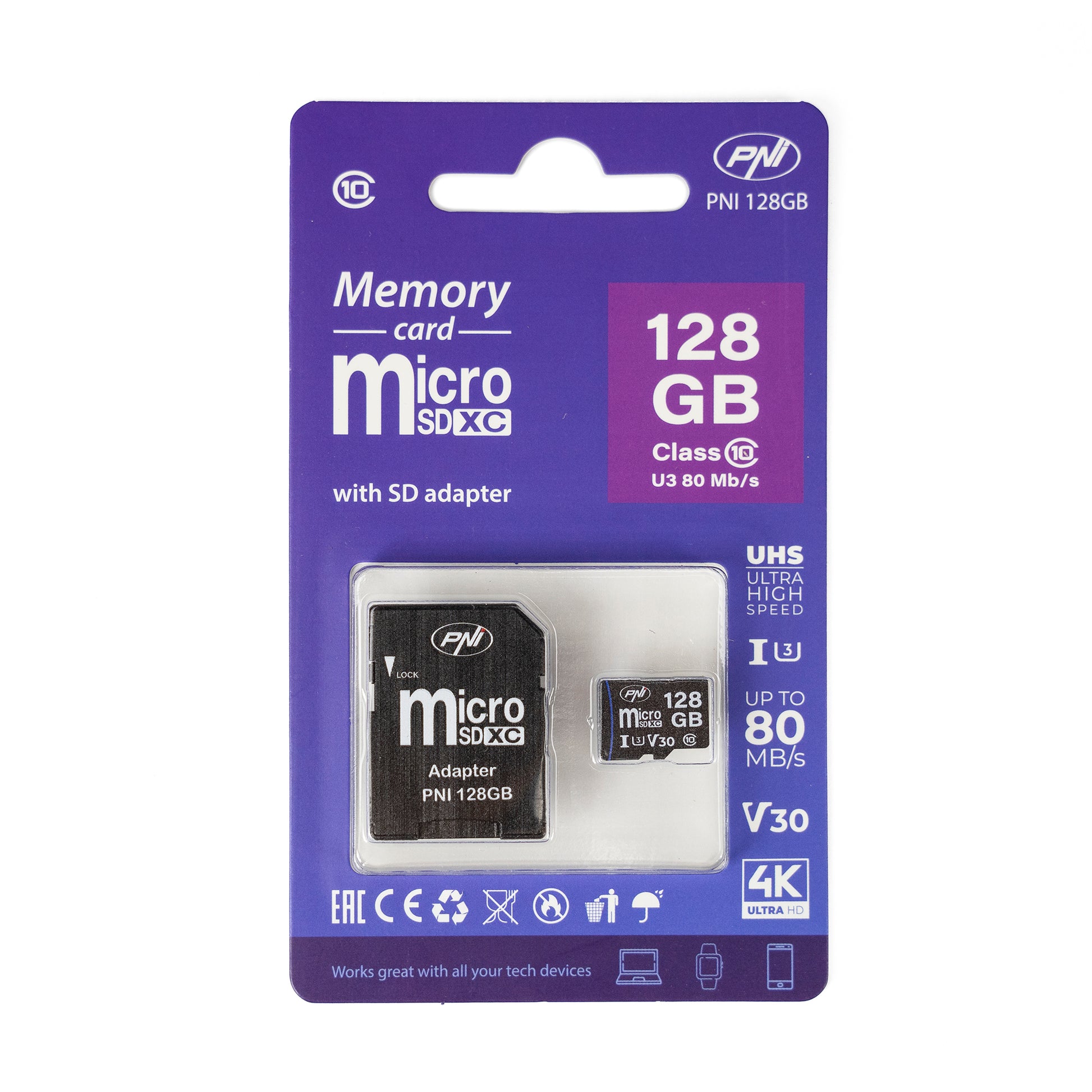 Pachet 2 bucati Card de memorie MicroSD PNI 128GB Clasa 10, 80 Mb/s, V30 cu adaptoare SD incluse