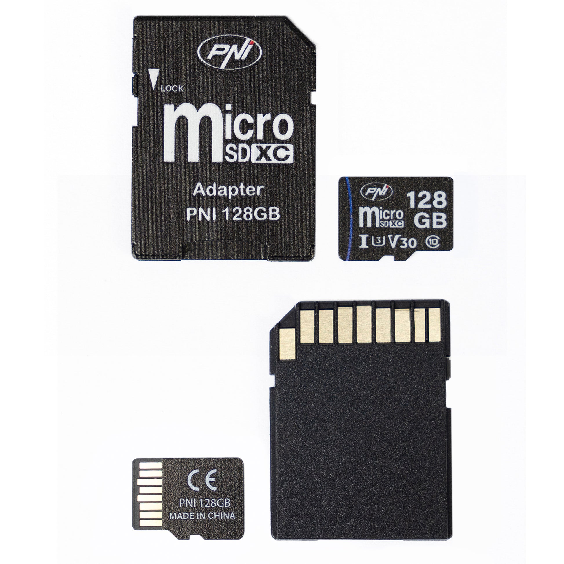 Pachet 2 bucati Card de memorie MicroSD PNI 128GB Clasa 10, 80 Mb/s, V30 cu adaptoare SD incluse