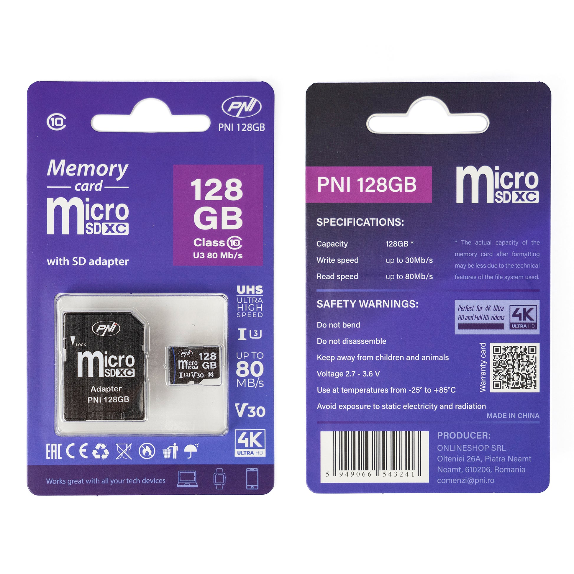 Pachet 2 bucati Card de memorie MicroSD PNI 128GB Clasa 10, 80 Mb/s, V30 cu adaptoare SD incluse