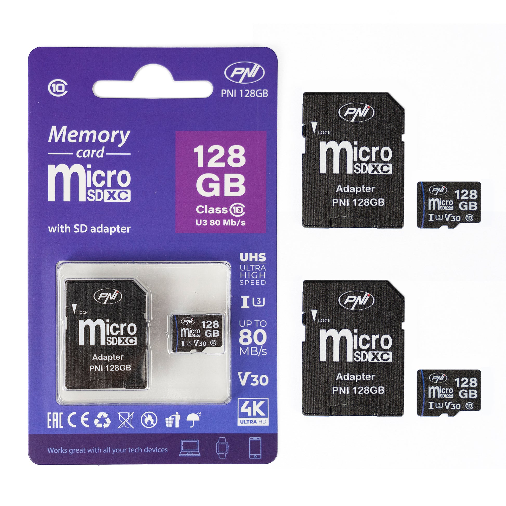 Pachet 2 bucati Card de memorie MicroSD PNI 128GB Clasa 10, 80 Mb/s, V30 cu adaptoare SD incluse