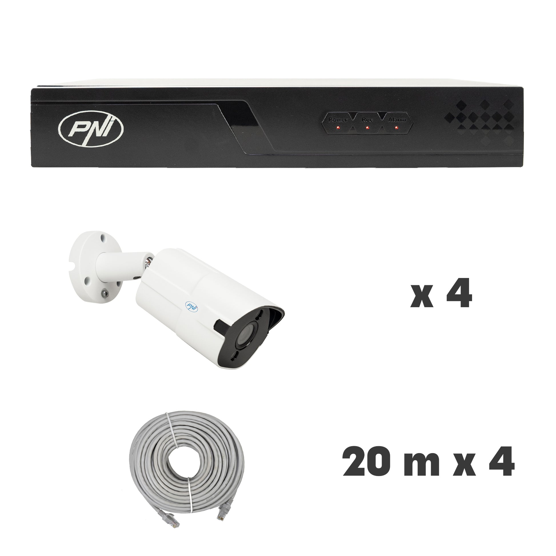 Pachet supraveghere video NVR POE PNI House IP710J, 4 camere PNI IP818J 8MP si 4 cabluri UTP CAT6 20 metri incluse