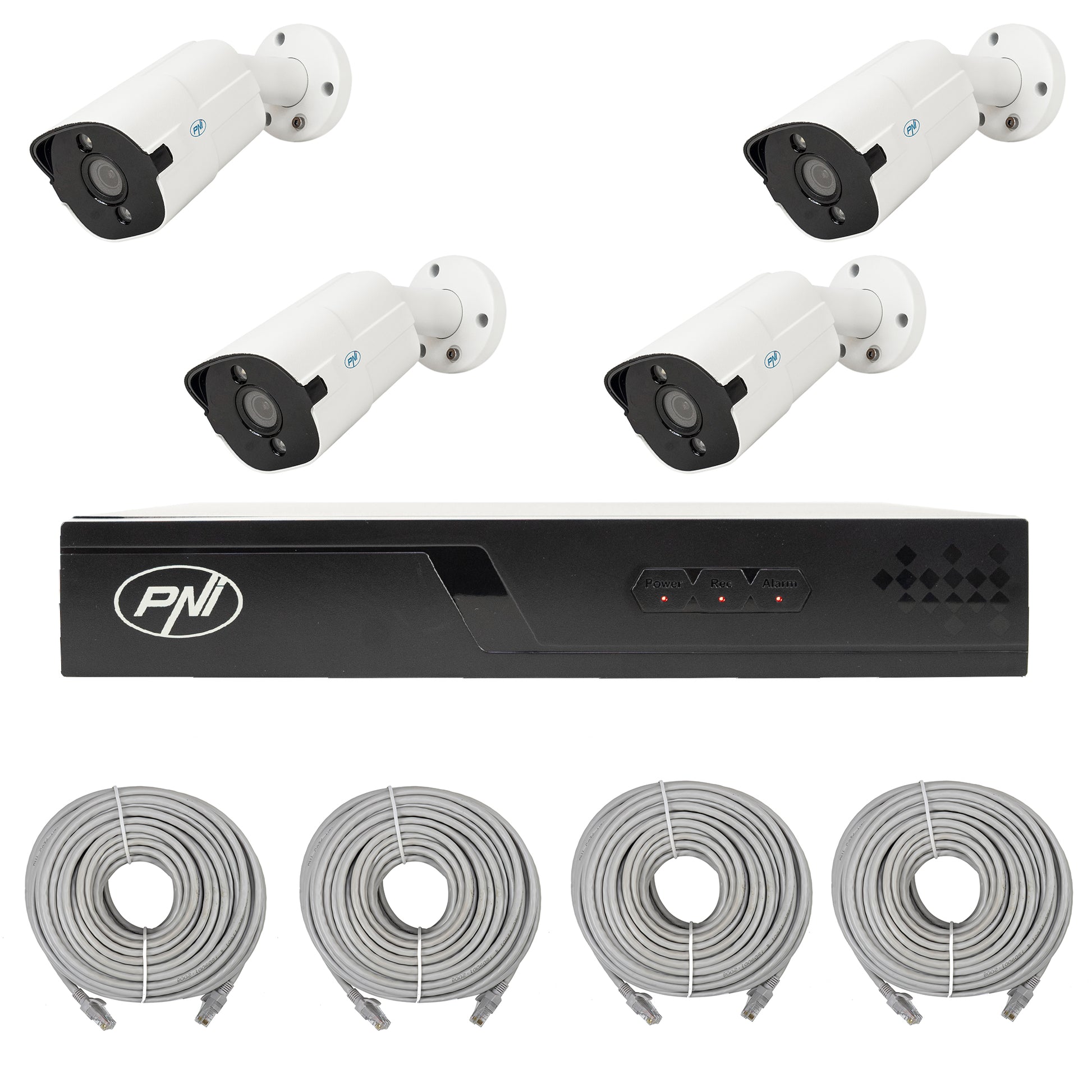 Pachet supraveghere video NVR POE PNI House IP710J, 4 camere PNI IP818J 8MP si 4 cabluri UTP CAT6 20 metri incluse