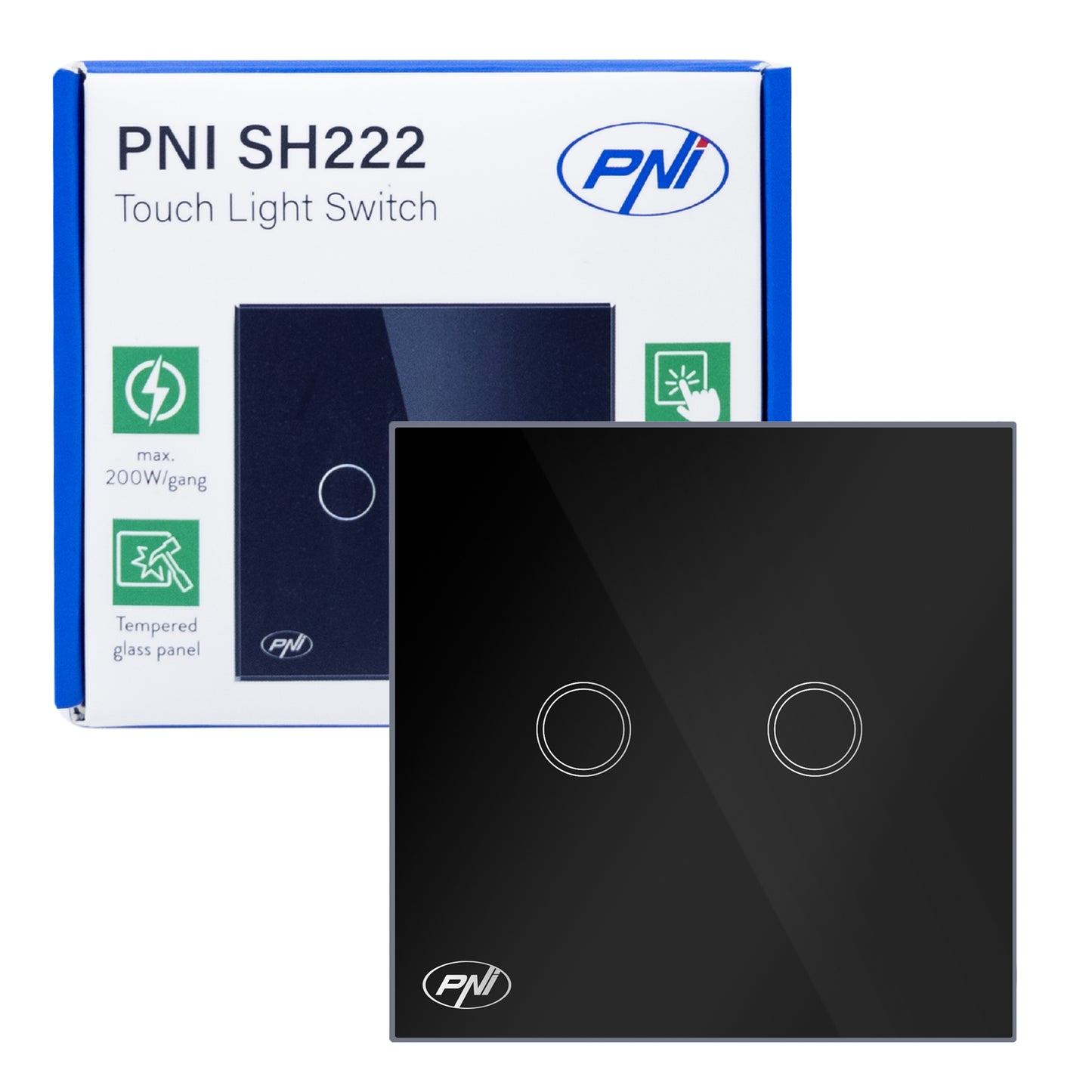 Intrerupator dublu cu touch PNI SH222 din sticla, negru cu LED indicator, 10A, 2X200W