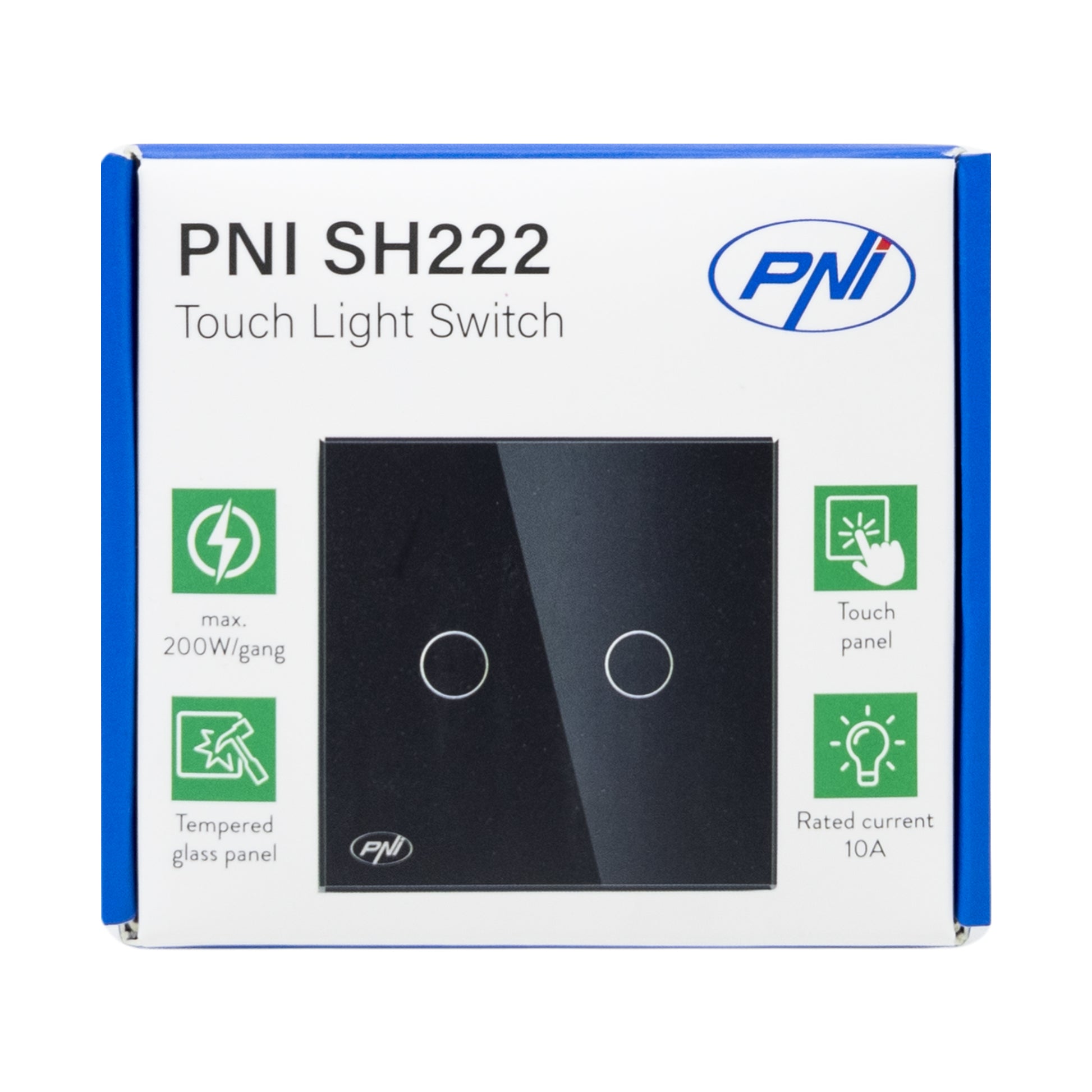 Intrerupator dublu cu touch PNI SH222 din sticla, negru cu LED indicator, 10A, 2X200W
