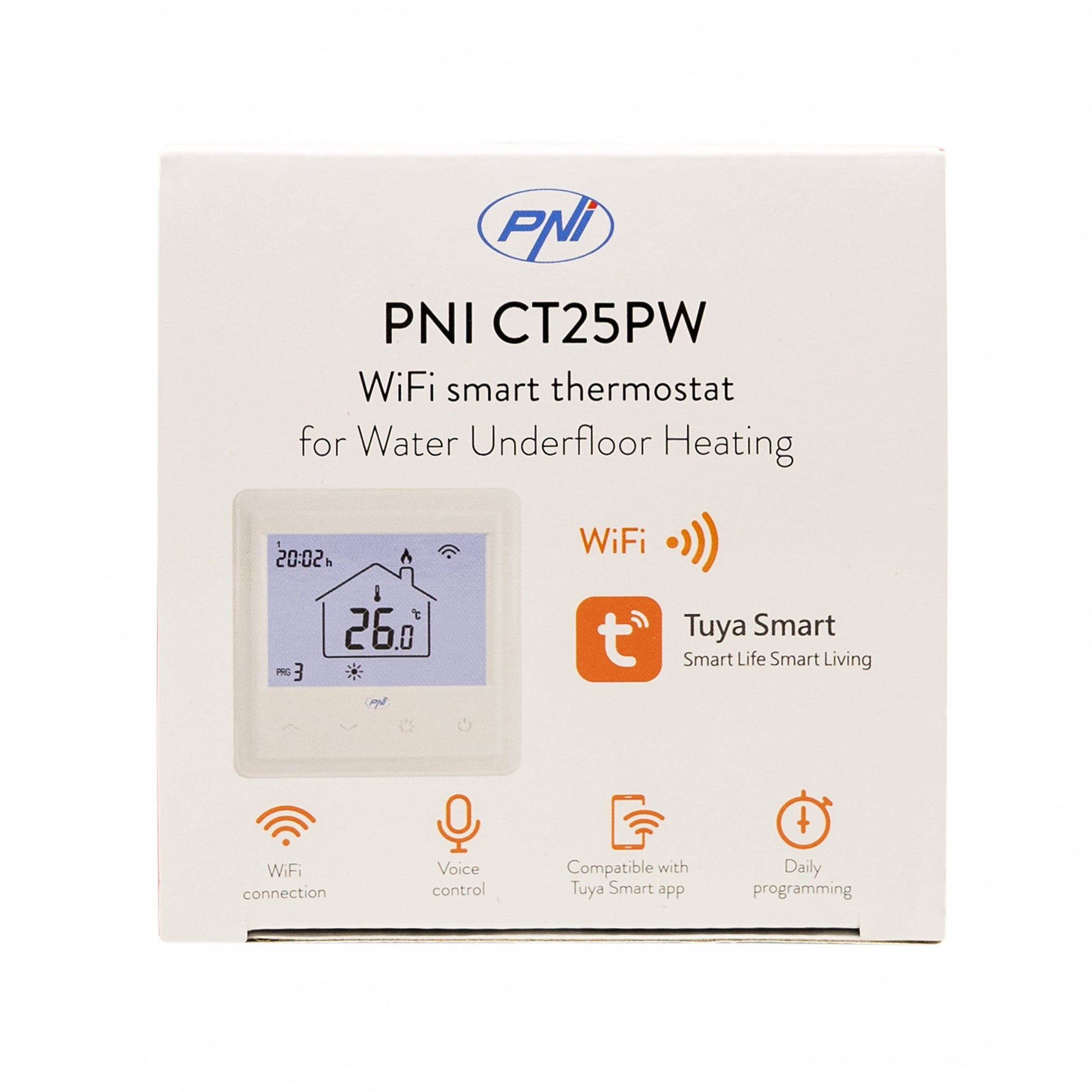 Termostat inteligent incastrabil PNI CT25PW WiFi, control prin internet, incalzire cu apa in pardoseala, actuatoare, pompe, centrala, aplicatie mobil Tuya Smart, integrare in scenarii smart cu alte produse compatibile Tuya, Alexa, Google Home