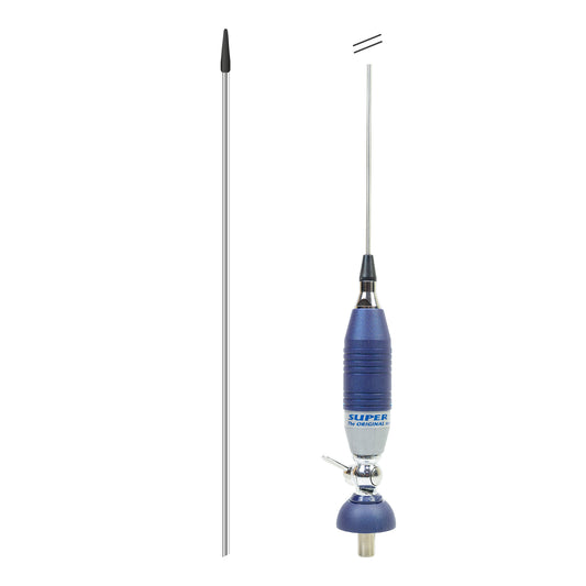 Antena CB Sirio SUPER 9 cu fluture, lungime 155 cm, 27 - 28.5 MHz, 250W, montura, cablu RG58 de 4m si mufa PL259 incluse