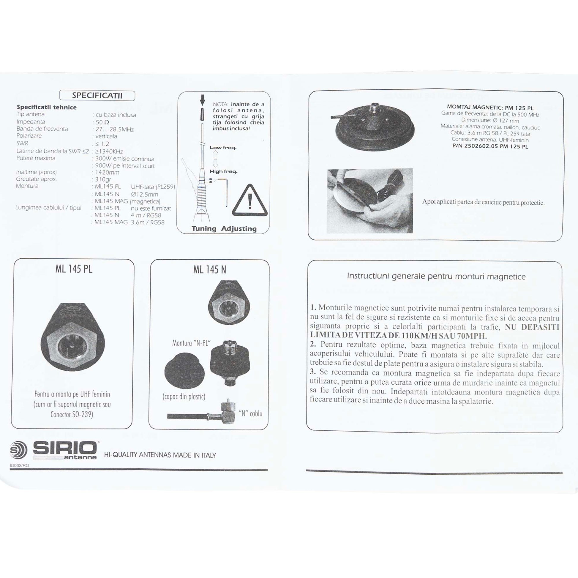 Bax 50 bucati antene CB Sirio ML145 cu filet PL, lungime 145 cm, 27 - 28.5 MHz, 900W, fara cablu