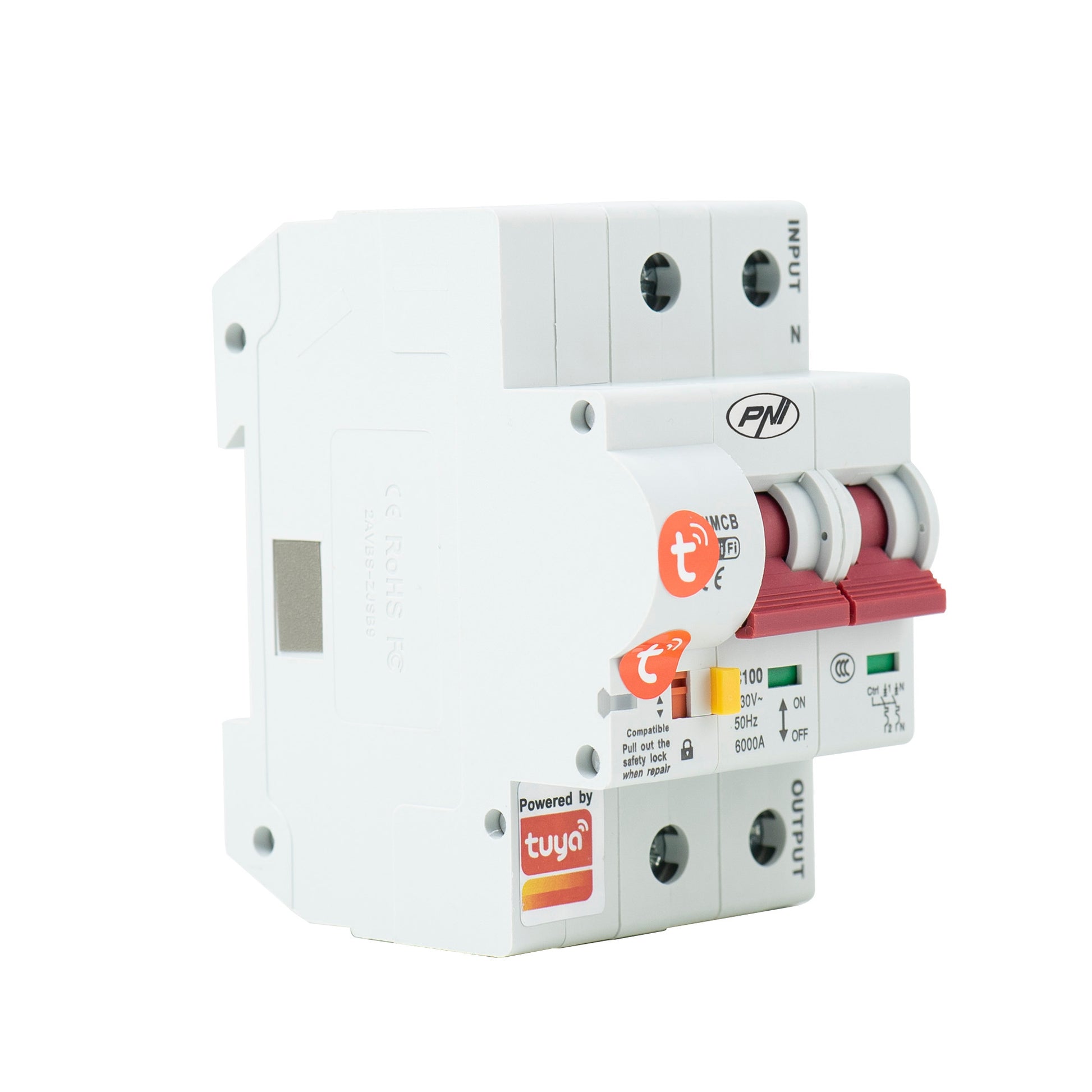 Siguranta automata inteligenta PNI SafeHome PT802P WiFi, 2P, 100A, comanda prin internet, aplicatie de mobil Tuya Smart, integrare in scenarii si automatizari smart cu alte produse compatibile Tuya, Alexa si Google Assistant siguranta monofazata 230V