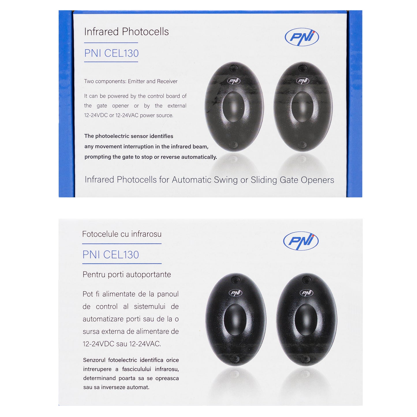 Fotocelule PNI CEL130, 1.92KHz, 12-24V, pentru porti autoportante, IP55, negru, 2 bucati