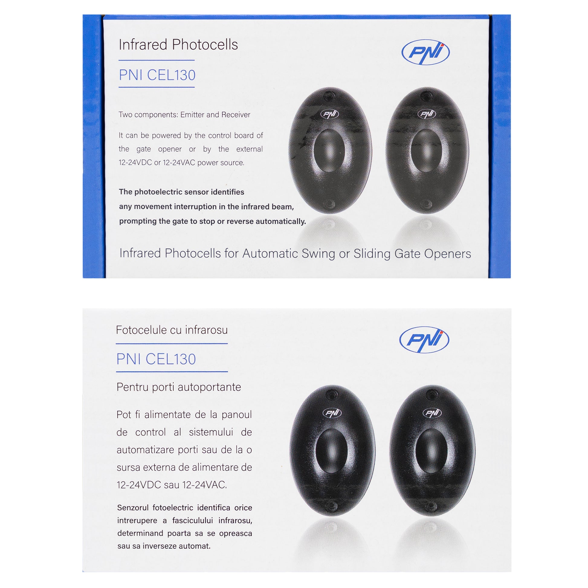Fotocelule PNI CEL130, 1.92KHz, 12-24V, pentru porti autoportante, IP55, negru, 2 bucati