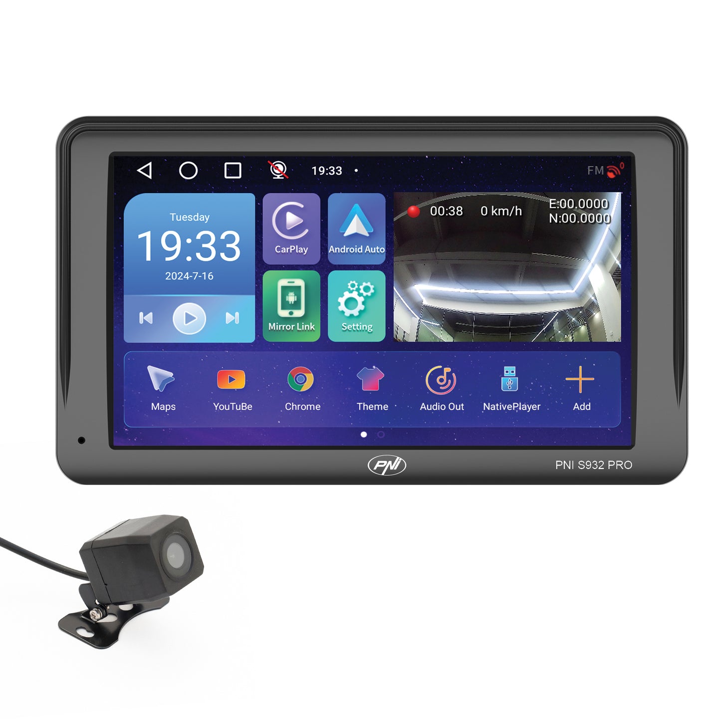 Sistem de navigatie GPS cu DVR incorporat PNI S932 PRO ecran 7 inch, memorie 32 GB, 2GB DDR3 RAM, Android 13, FM transmitter, Mirror Link, Apple Carplay si Android Auto, camera de marsarier inclusa