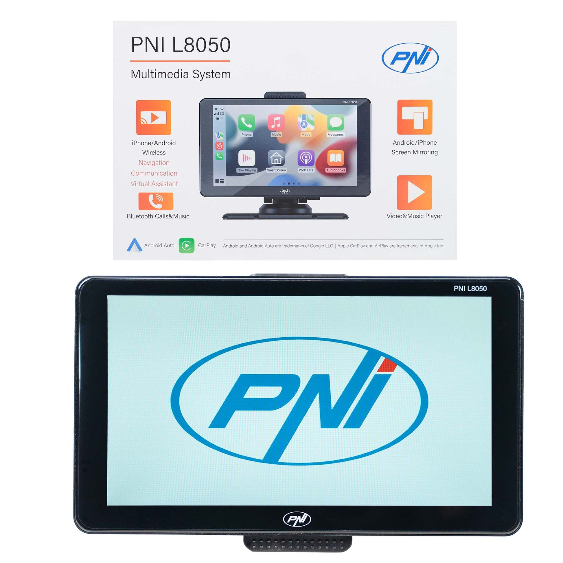 Sistem multimedia auto PNI L8050 cu ecran de 7 inch, Apple Carplay si Android Auto, Android/iPhone mirroring, FM transmitter, camera video mers inapoi inclusa