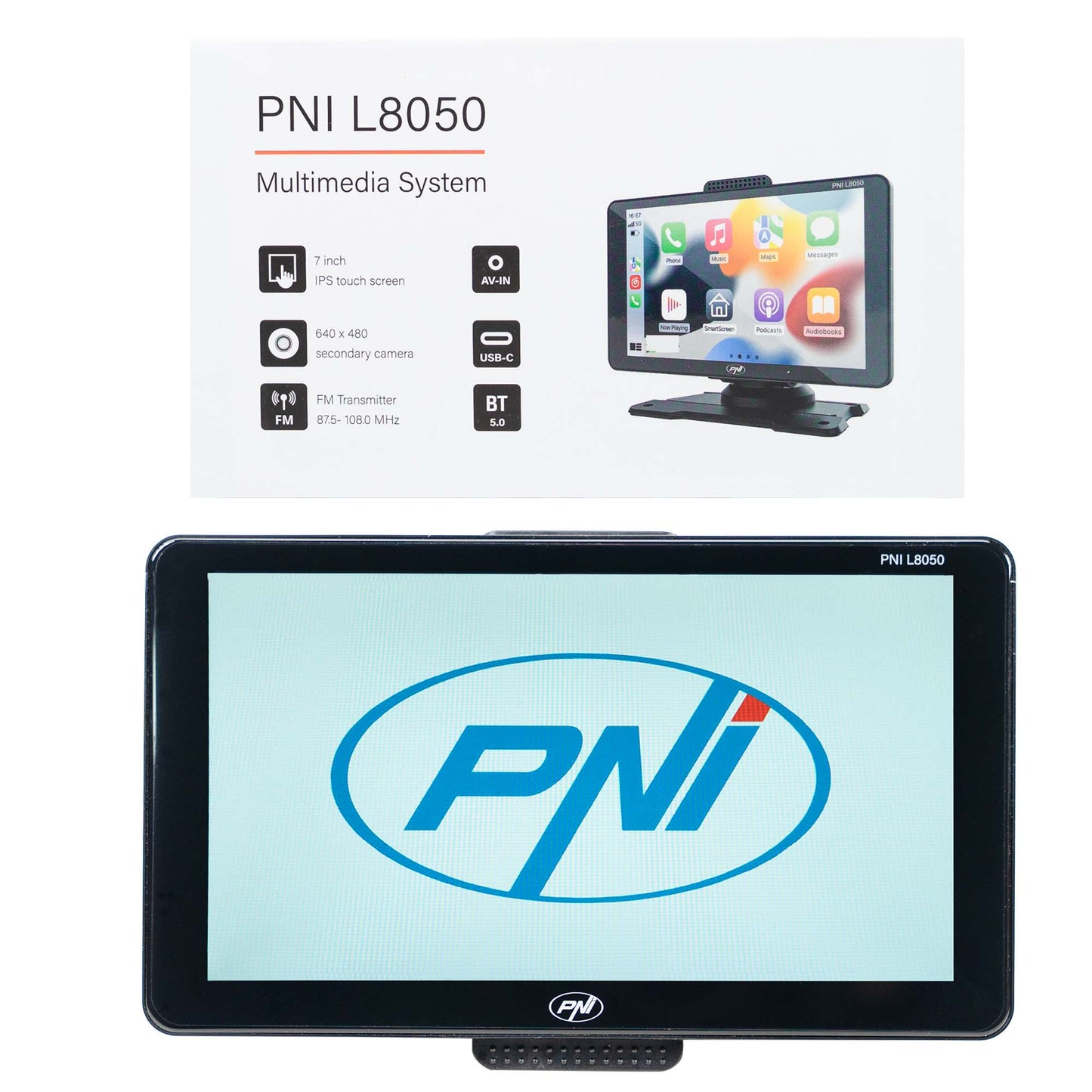 Sistem multimedia auto PNI L8050 cu ecran de 7 inch, Apple Carplay si Android Auto, Android/iPhone mirroring, FM transmitter, camera video mers inapoi inclusa