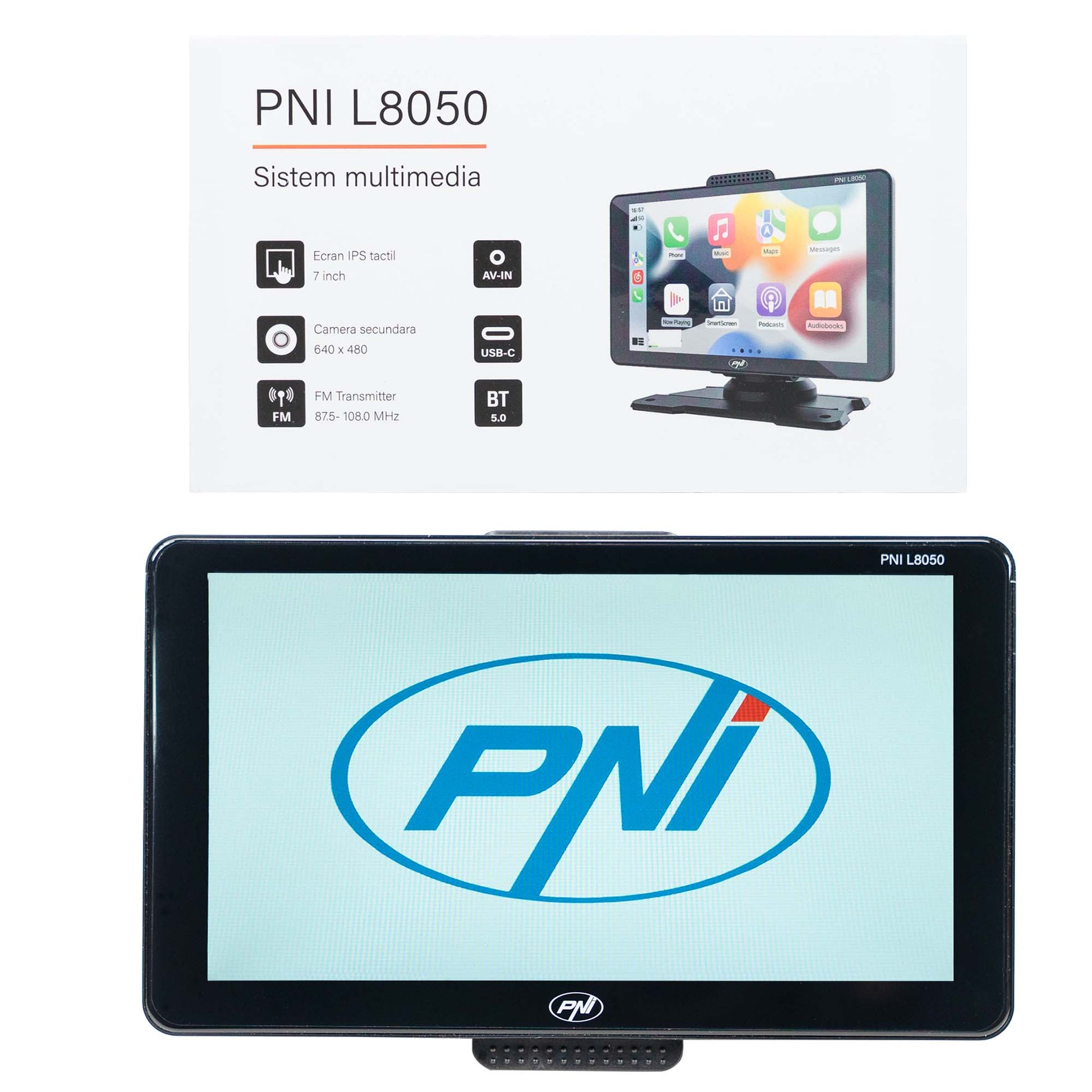 Sistem multimedia auto PNI L8050 cu ecran de 7 inch, Apple Carplay si Android Auto, Android/iPhone mirroring, FM transmitter, camera video mers inapoi inclusa