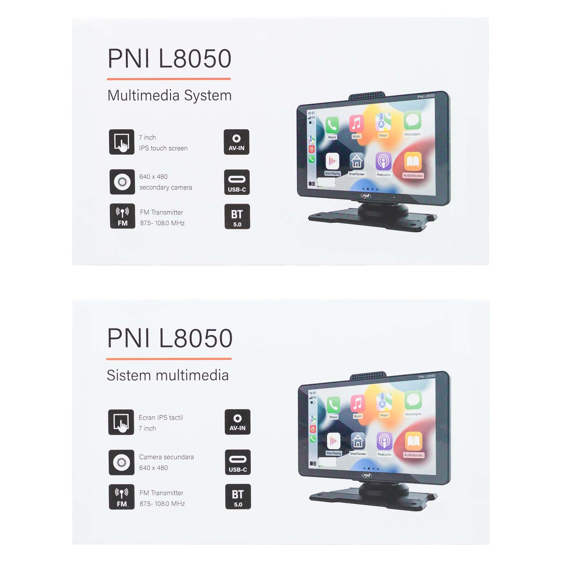 Sistem multimedia auto PNI L8050 cu ecran de 7 inch, Apple Carplay si Android Auto, Android/iPhone mirroring, FM transmitter, camera video mers inapoi inclusa