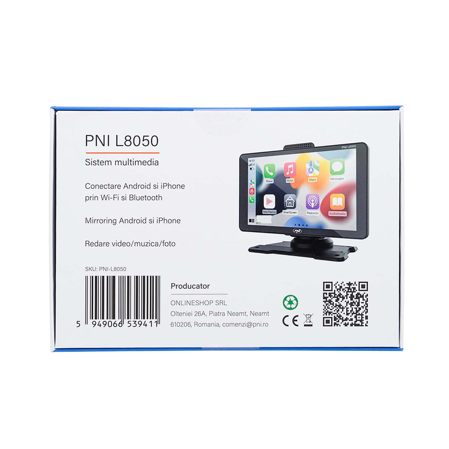 Sistem multimedia auto PNI L8050 cu ecran de 7 inch, Apple Carplay si Android Auto, Android/iPhone mirroring, FM transmitter, camera video mers inapoi inclusa