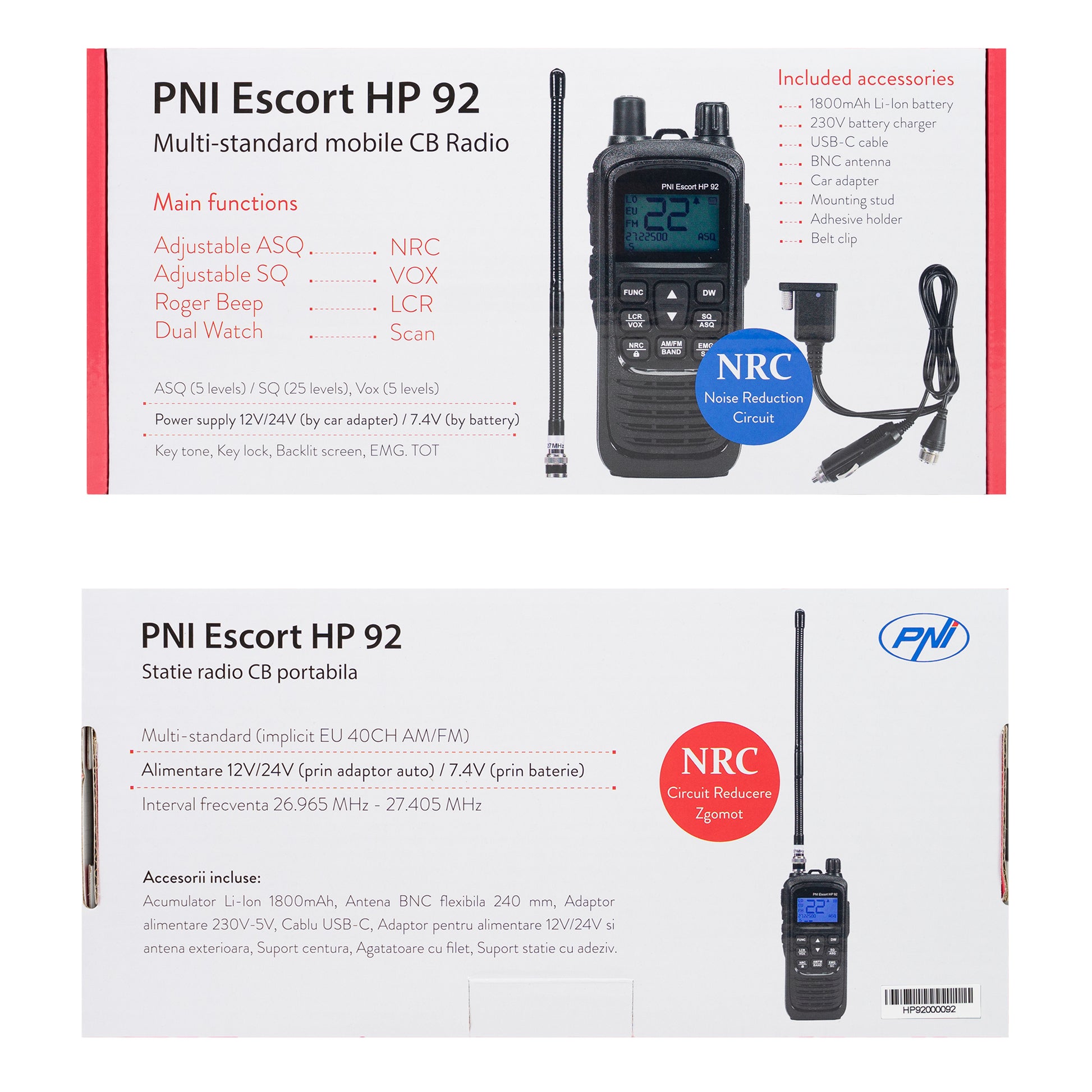 Statie radio CB portabila PNI Escort HP 92 multi standard, 4W, AM-FM, NRC, Dual Watch, Roger Beep, ASQ SQ reglabil, VOX, 12V-24V