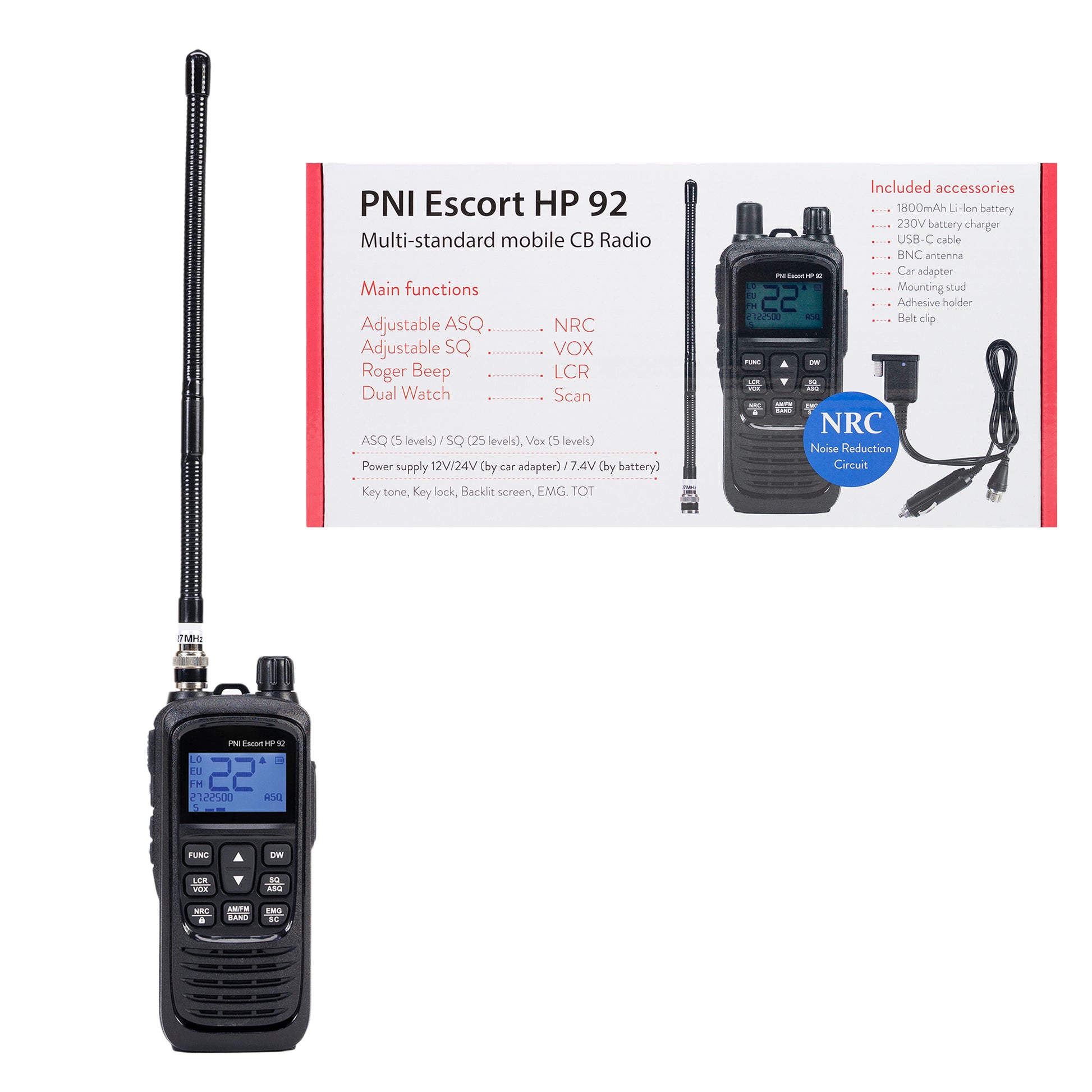 Statie radio CB portabila PNI Escort HP 92 multi standard, 4W, AM-FM, NRC, Dual Watch, Roger Beep, ASQ SQ reglabil, VOX, 12V-24V