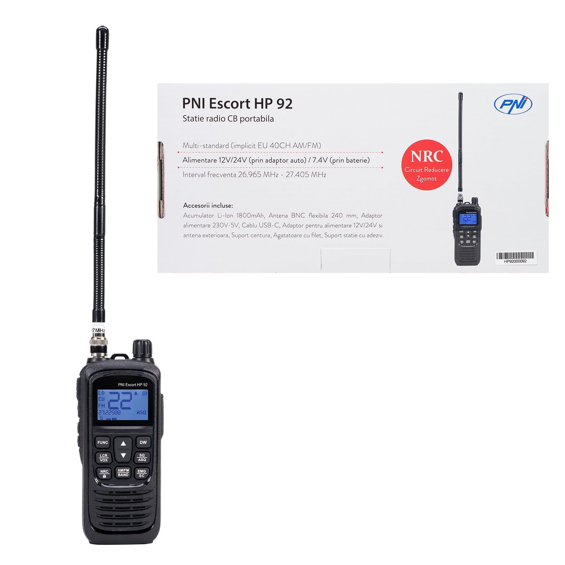 Statie radio CB portabila PNI Escort HP 92 multi standard, 4W, AM-FM, NRC, Dual Watch, Roger Beep, ASQ SQ reglabil, VOX, 12V-24V