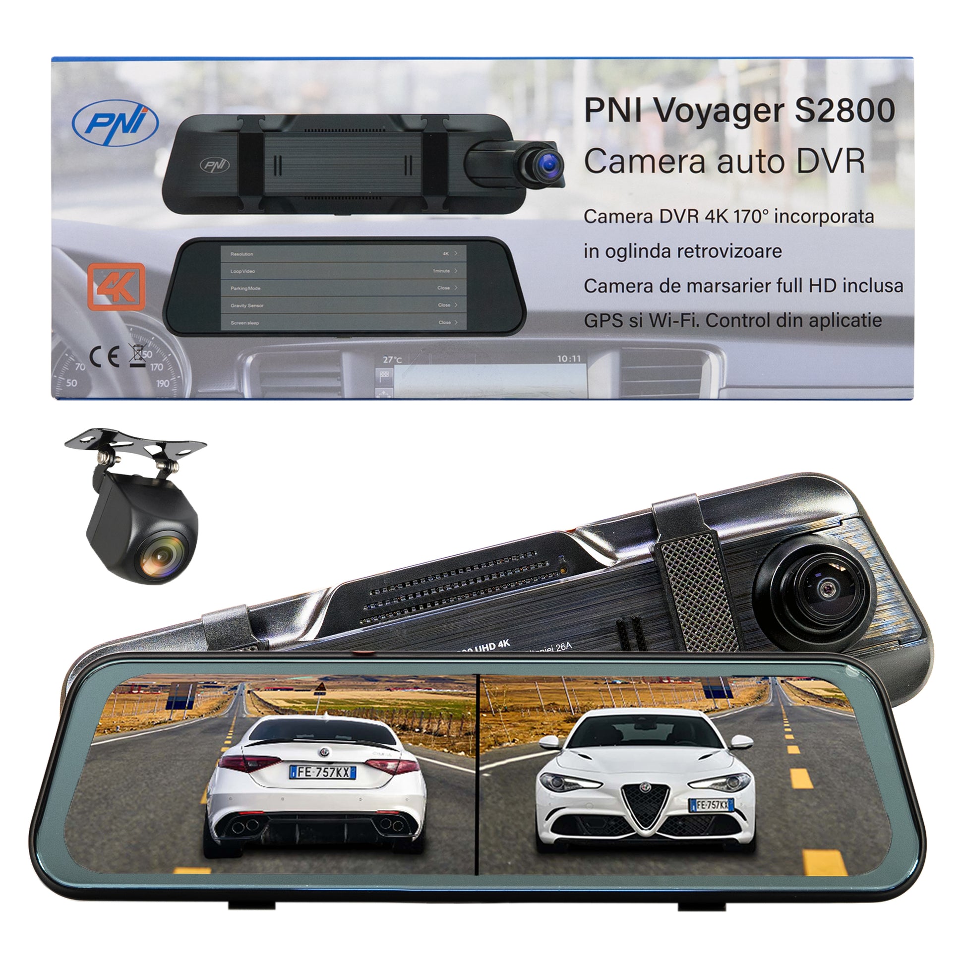 Camera auto DVR PNI Voyager S2800 UHD 4K 170° incorporata in oglinda retrovizoare, 9.66 inch, touchscreen IPS, monitorizare parcare, G-Sensor, slot card micro SD, USB-C, functie GPS, Wi-Fi, control din aplicatie, camera de mers inapoi full HD inclusa