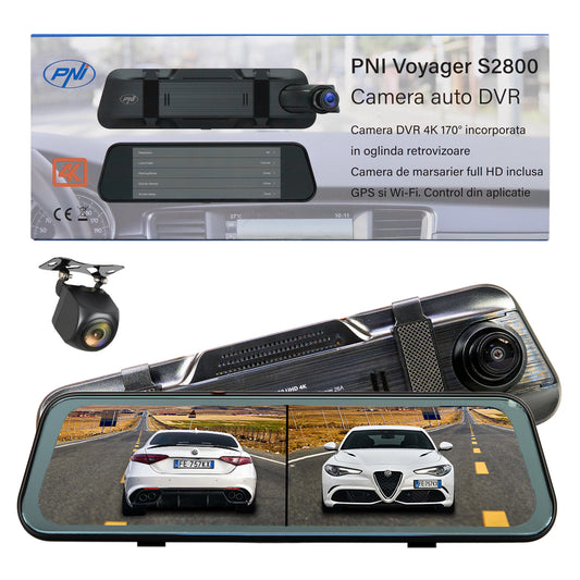 Camera auto DVR PNI Voyager S2800 UHD 4K 170° incorporata in oglinda retrovizoare, 9.66 inch, touchscreen IPS, monitorizare parcare, G-Sensor, slot card micro SD, USB-C, functie GPS, Wi-Fi, control din aplicatie, camera de mers inapoi full HD inclusa